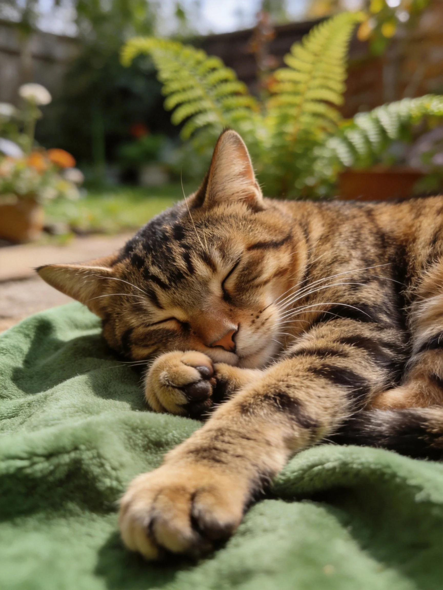 A tabby cat sleeps on a green towel in a sunlit garden