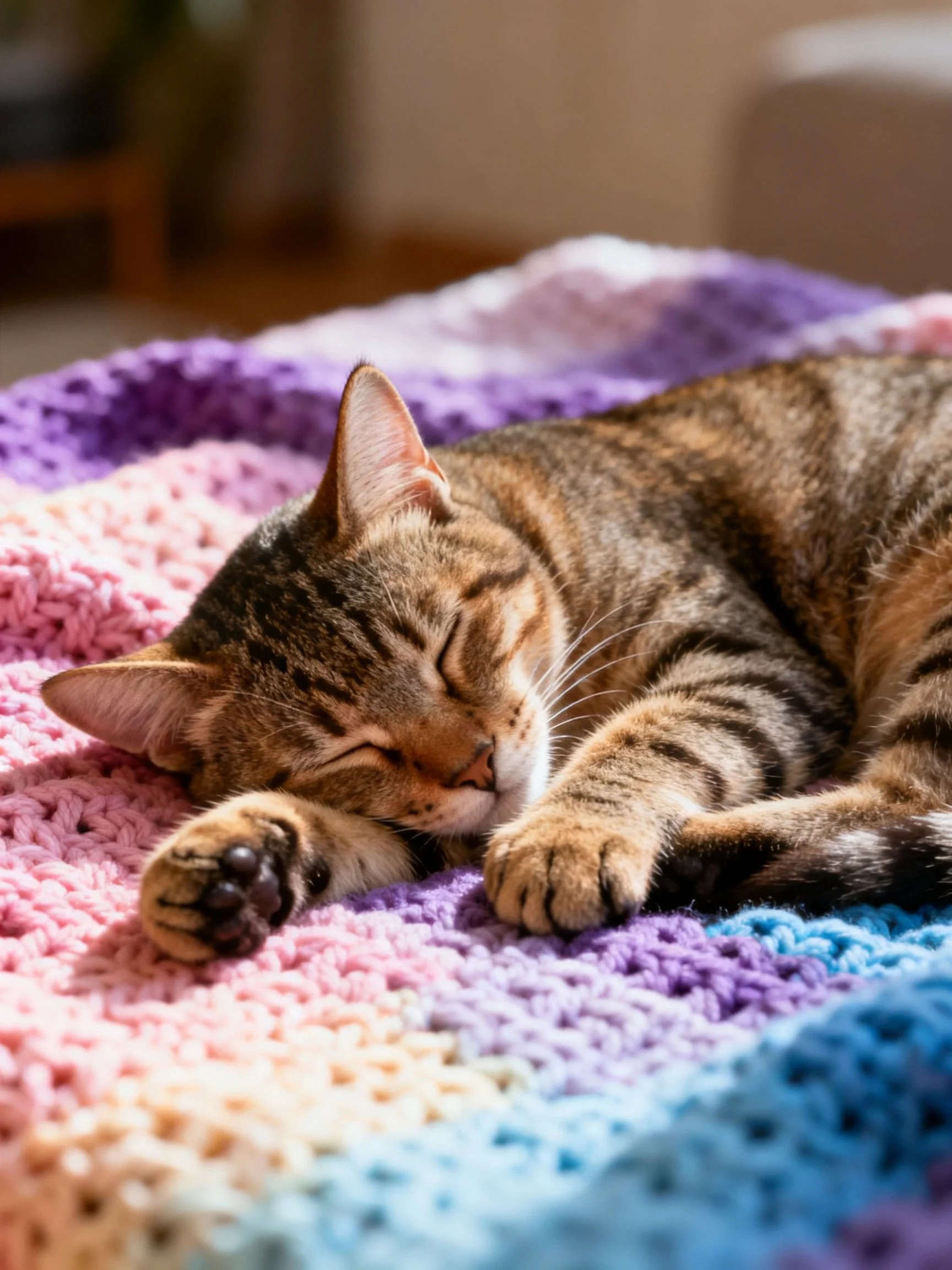 A tabby cat naps on a crocheted blanket indoors.