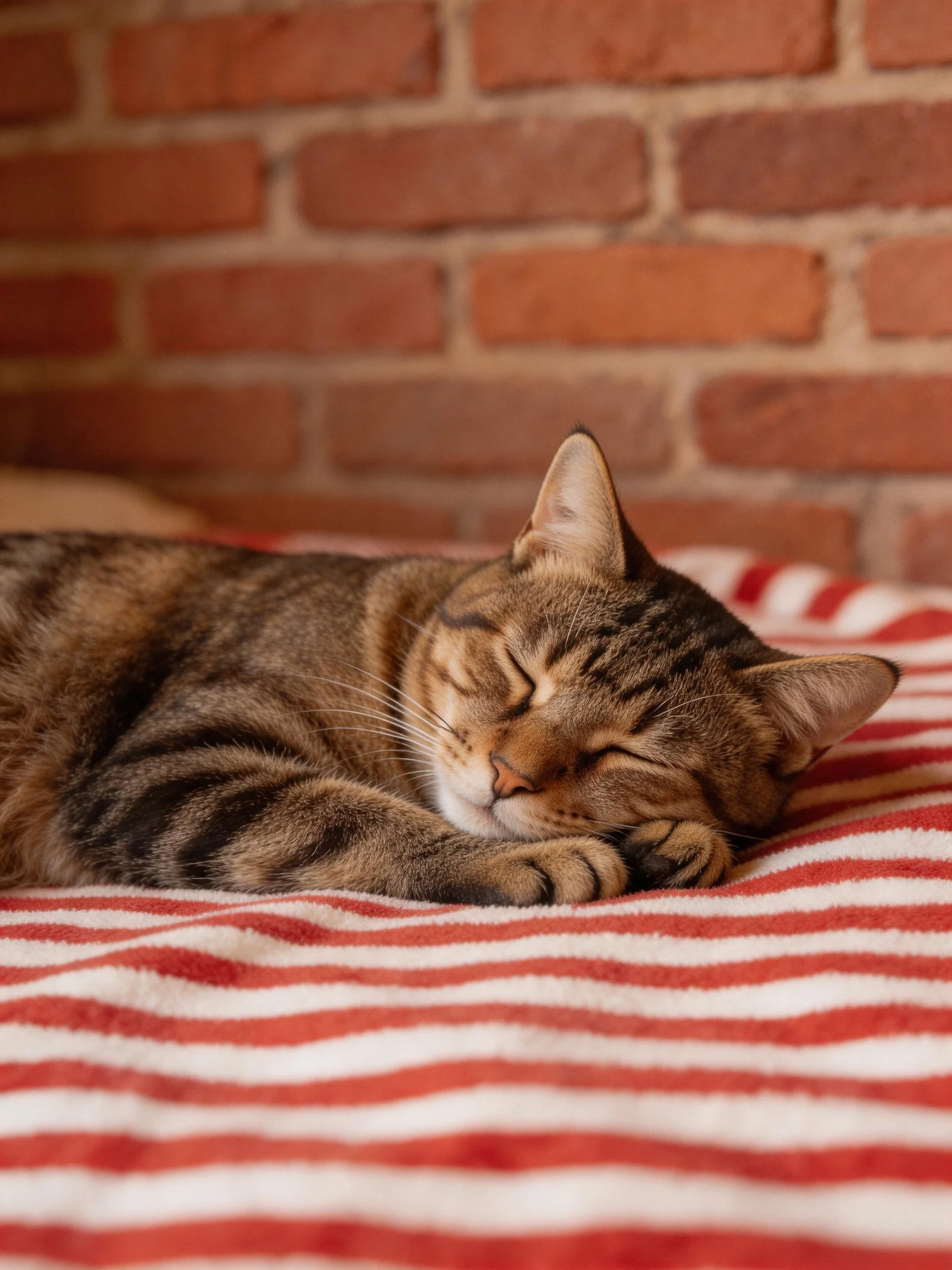 A tabby cat rests soundly on a red-and-white striped blanket by a brick wall