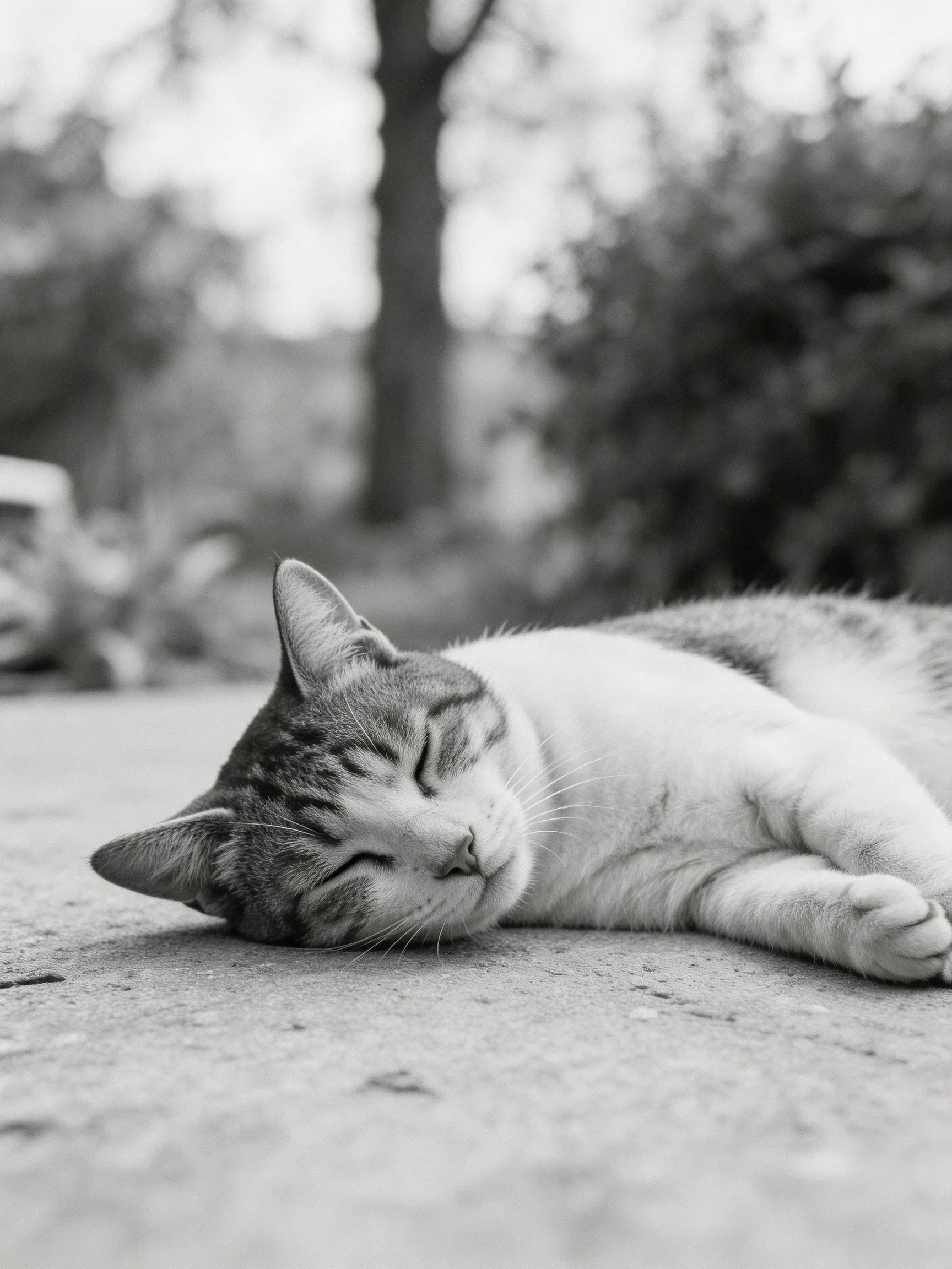 A tabby cat sleeps on a smooth concrete surface outdoors