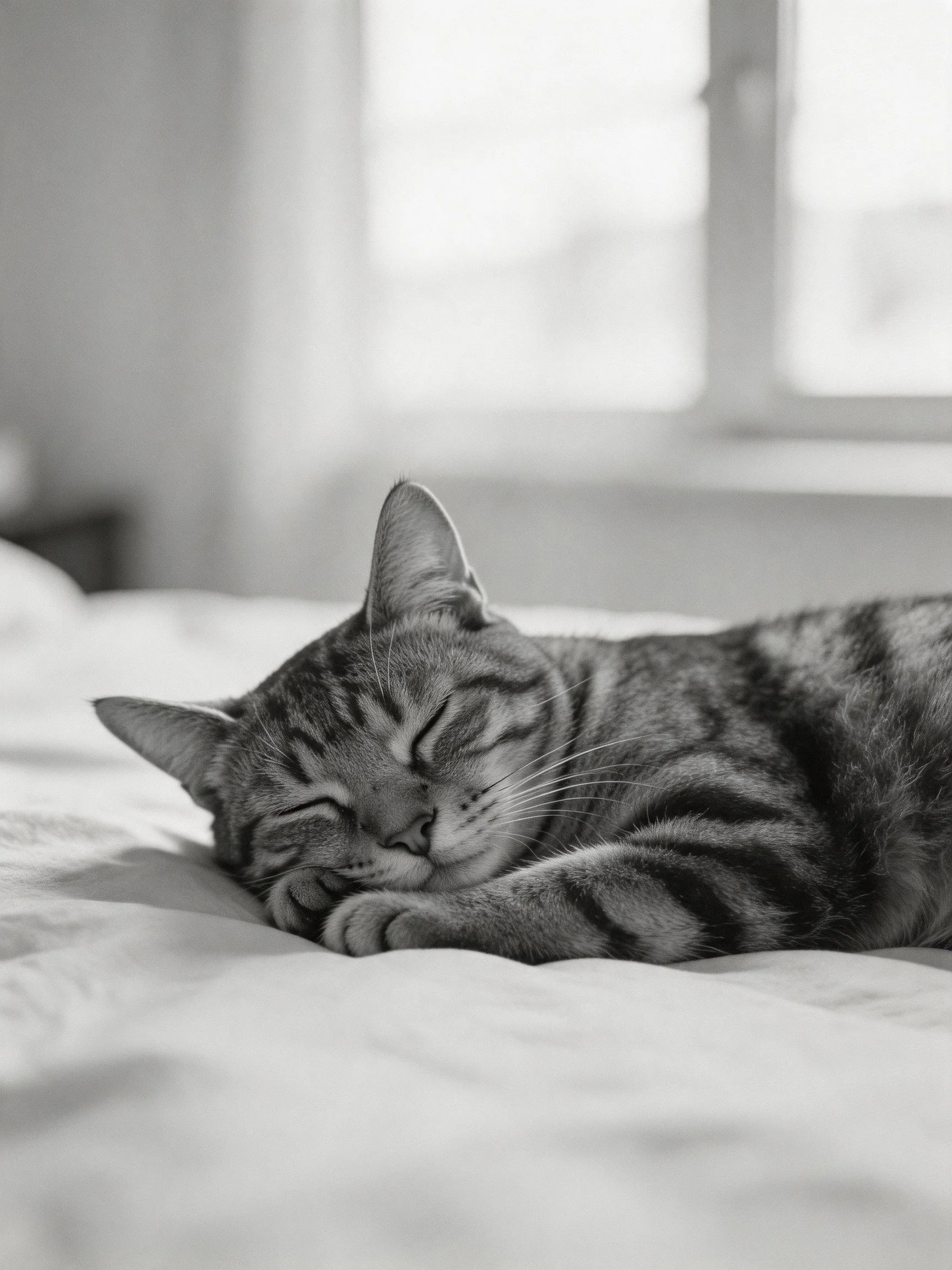 A tabby cat sleeps on a soft bed near a bright window