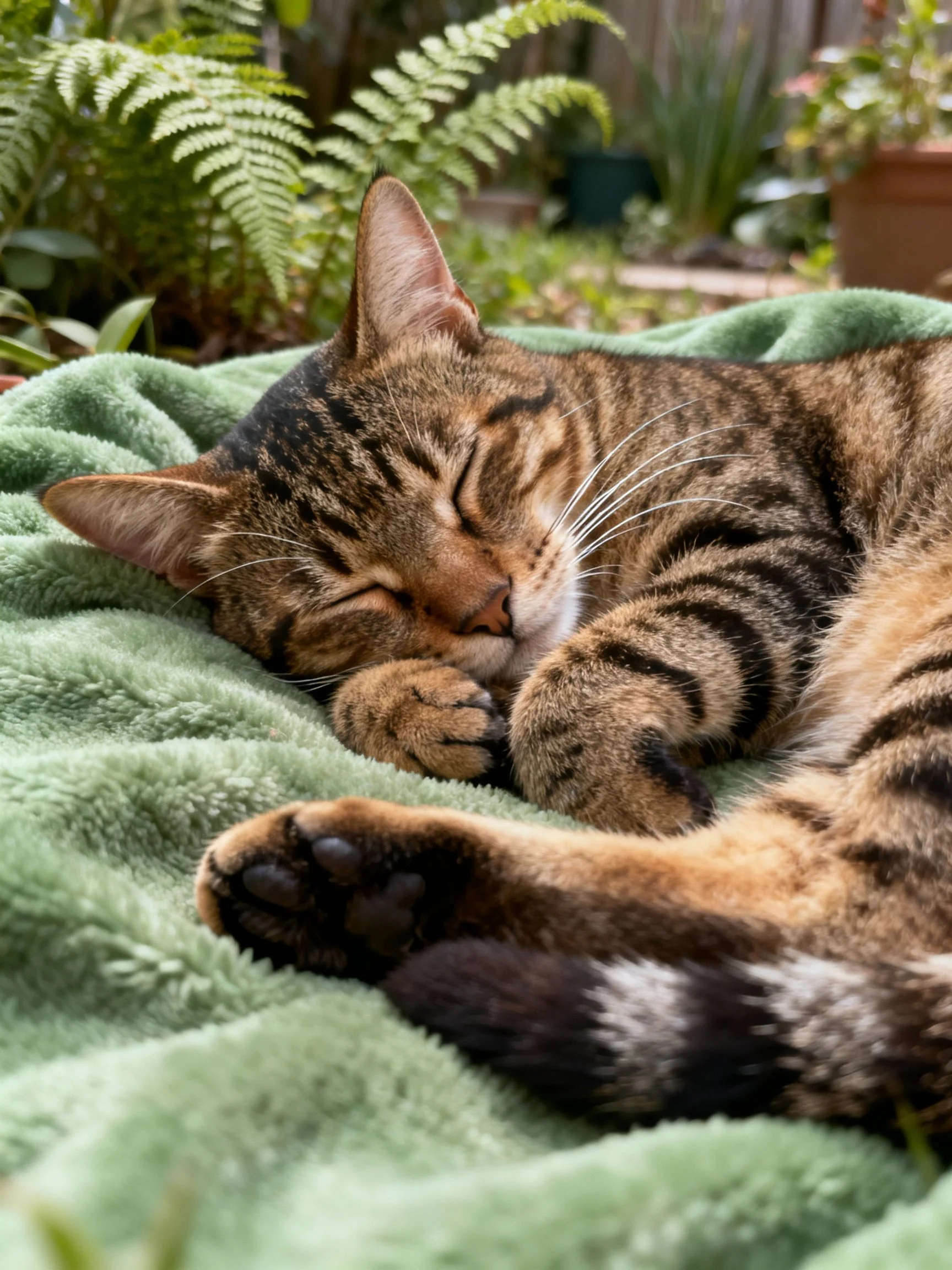 A tabby cat rests on a green blanket surrounded by plants in a garden.