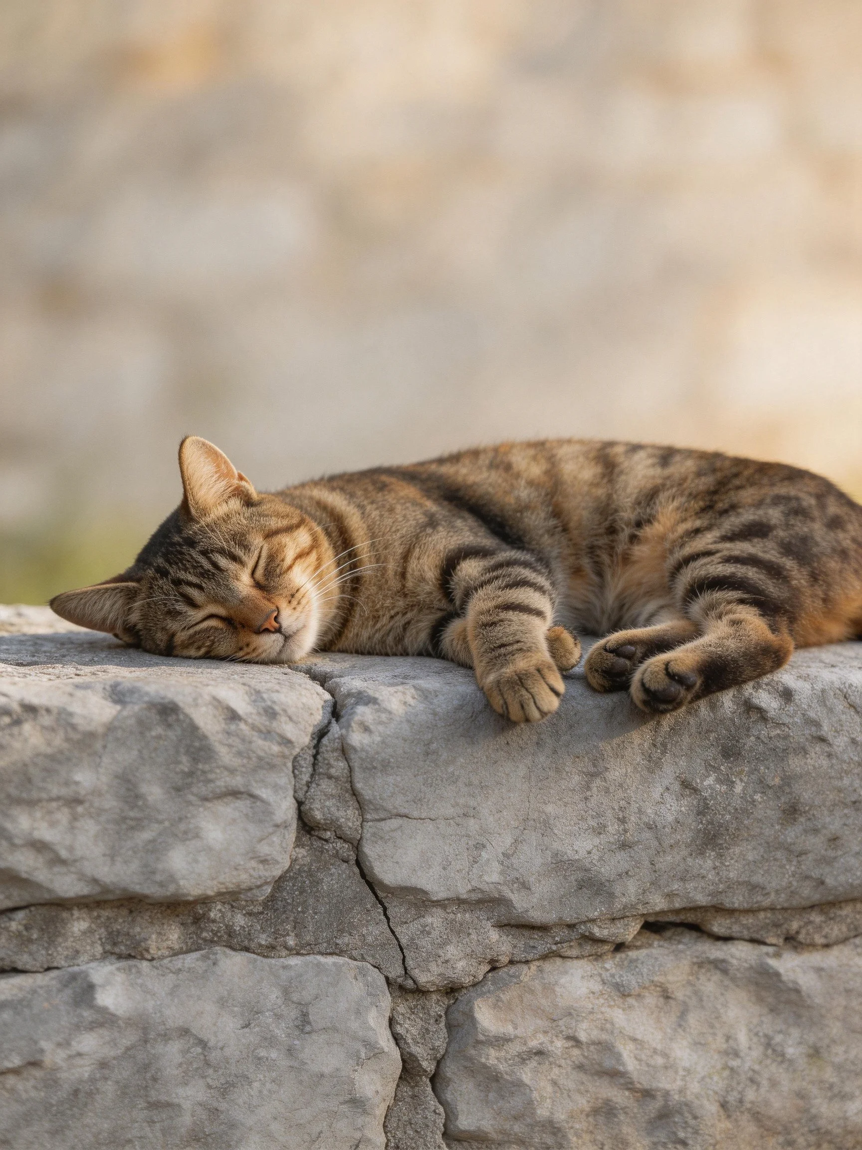 A tabby cat sleeps on a weathered stone surface