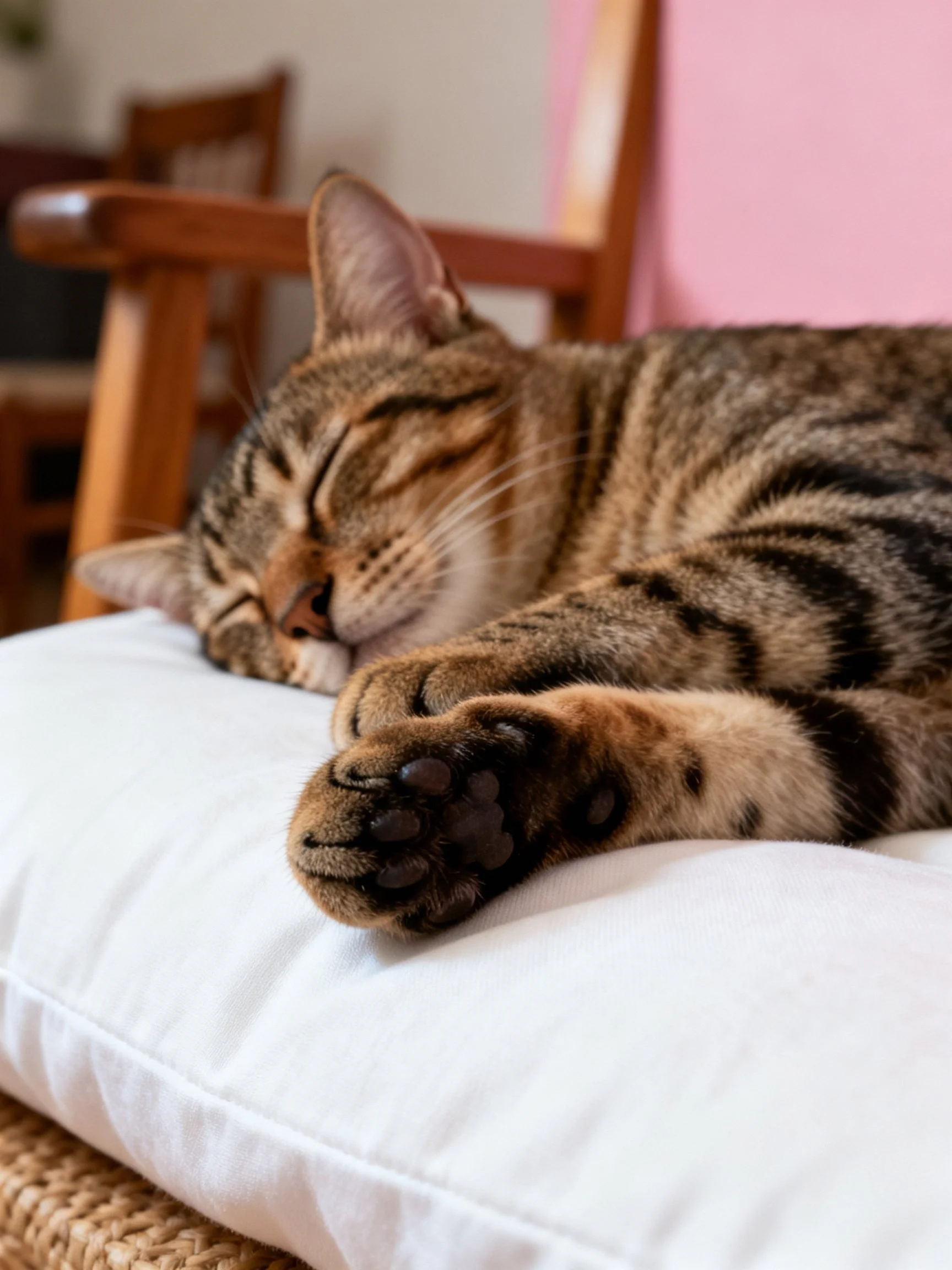 A tabby cat sleeps on a white cushion near wooden furniture