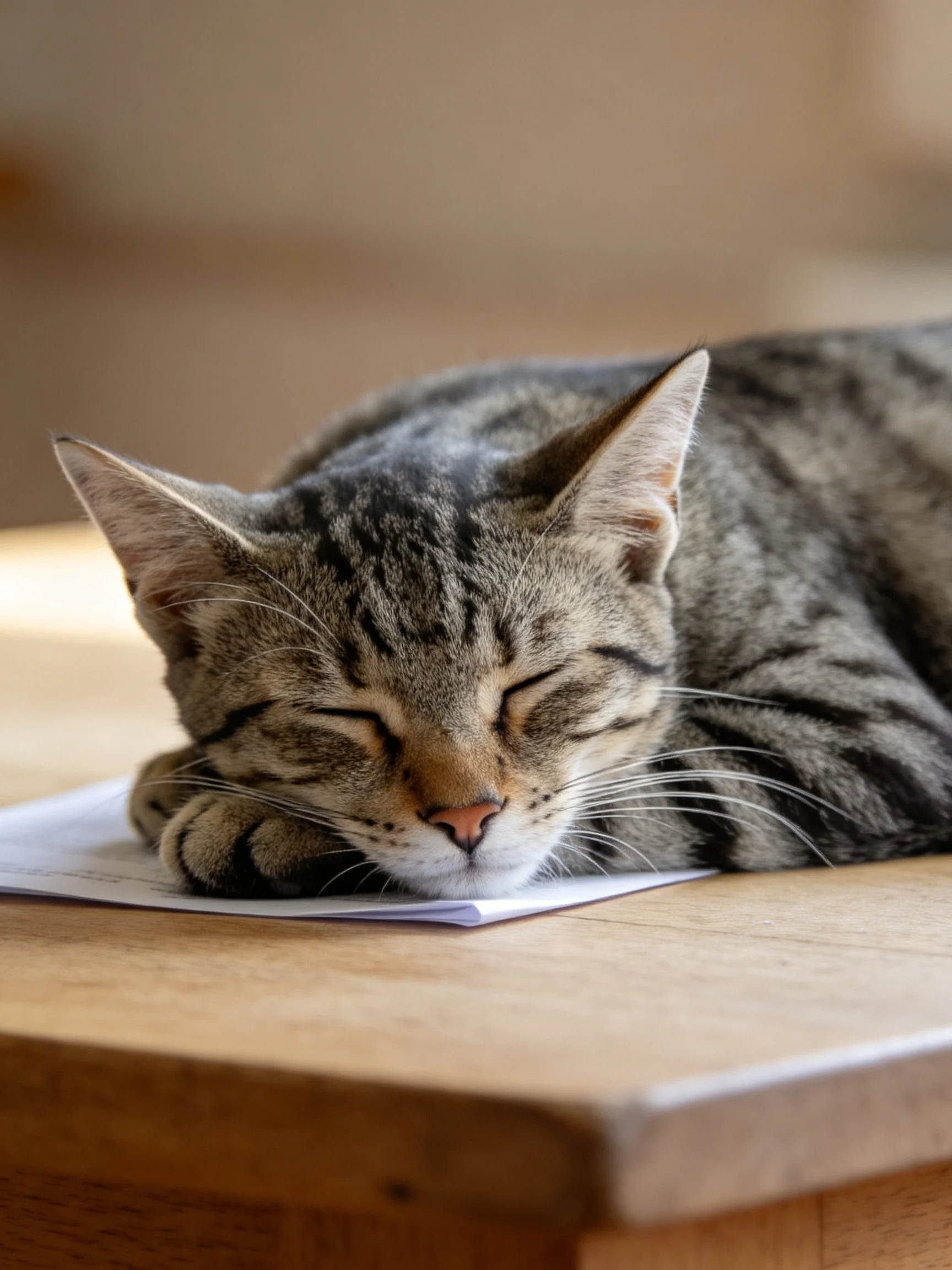 A tabby cat rests quietly with closed eyes on a white sheet atop a wooden surface.