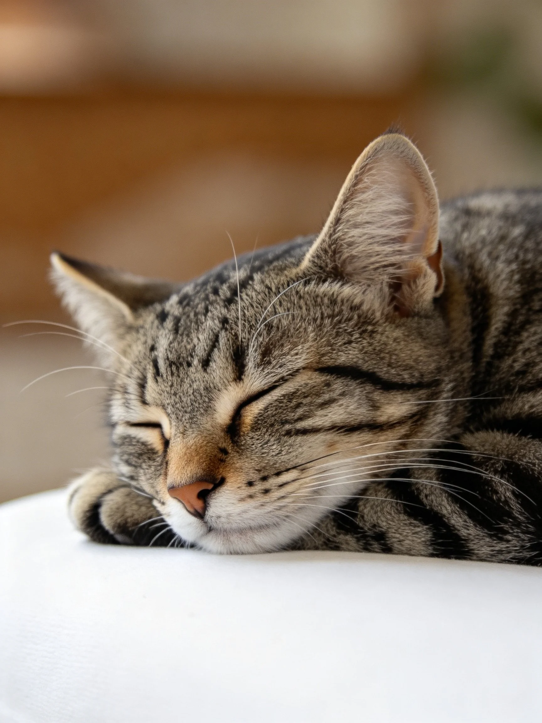 A tabby cat sleeps on a white surface