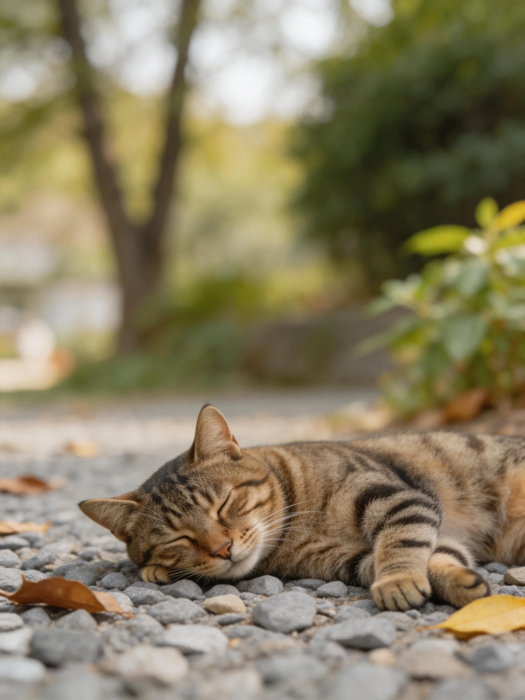 A tabby cat sleeps on smooth gray pebbles amid scattered leaves