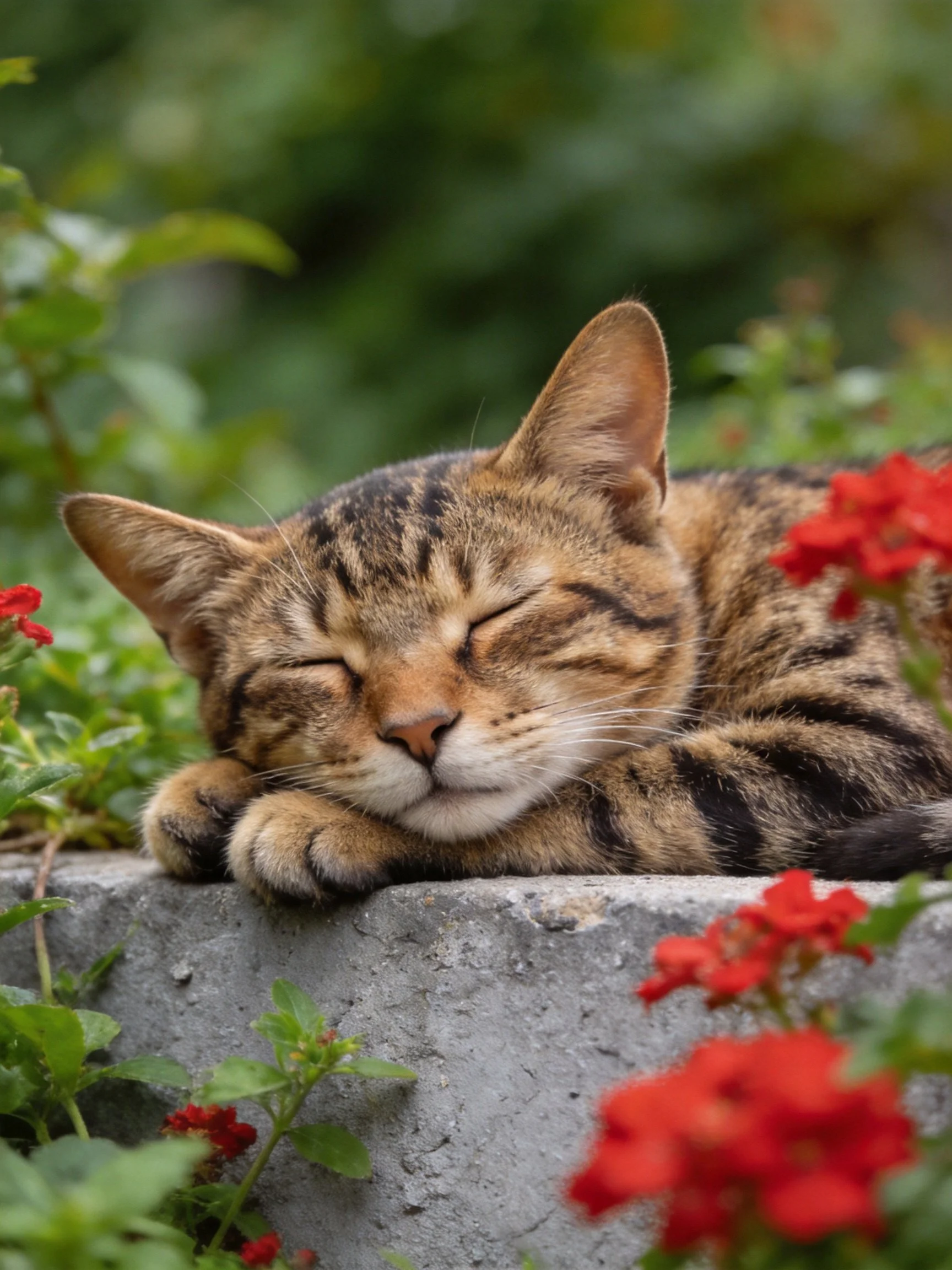 A tabby cat sleeps peacefully among vibrant red flowers and a gray stone ledge