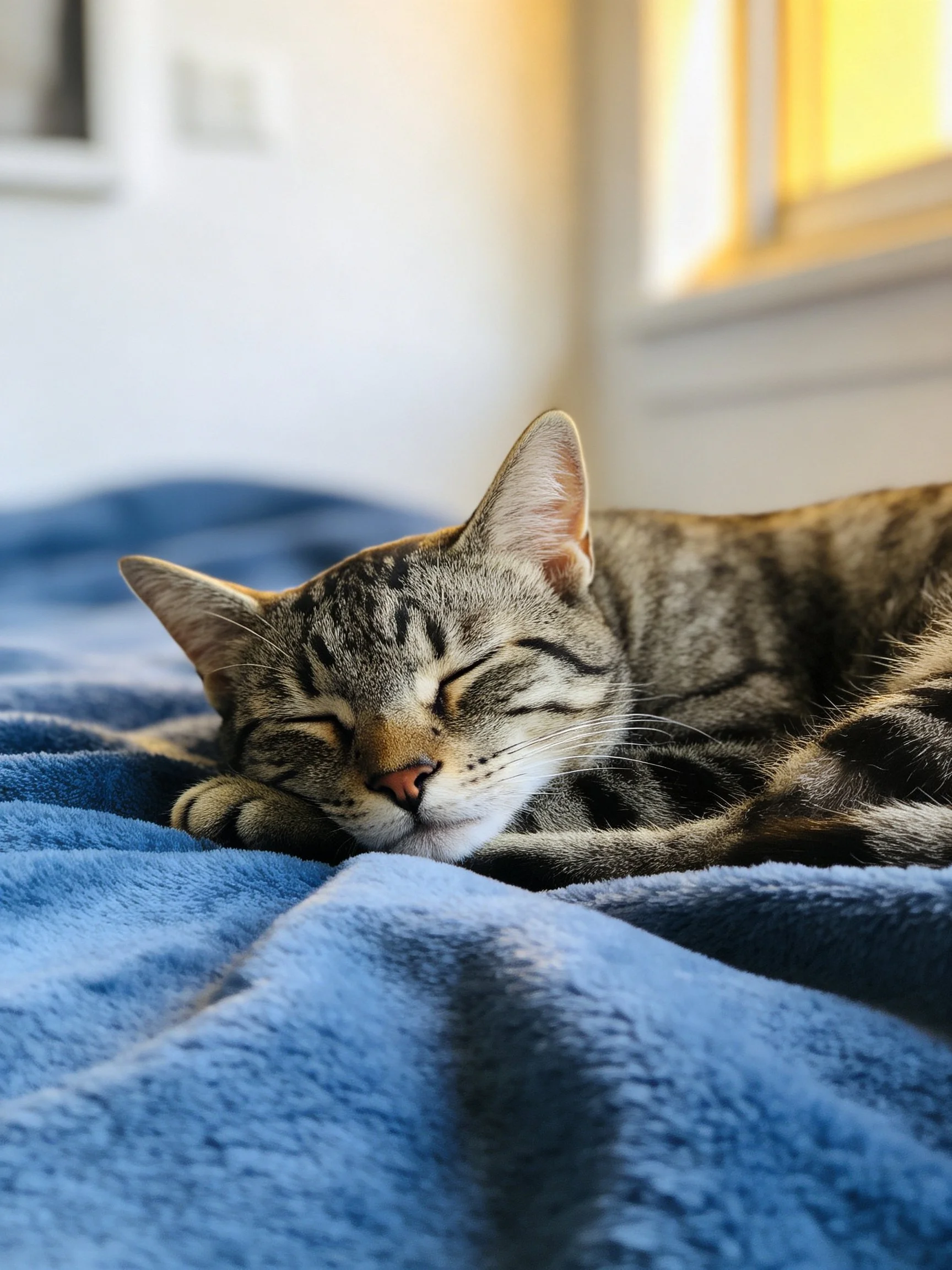 A tabby cat sleeps peacefully on a blue blanket near a window