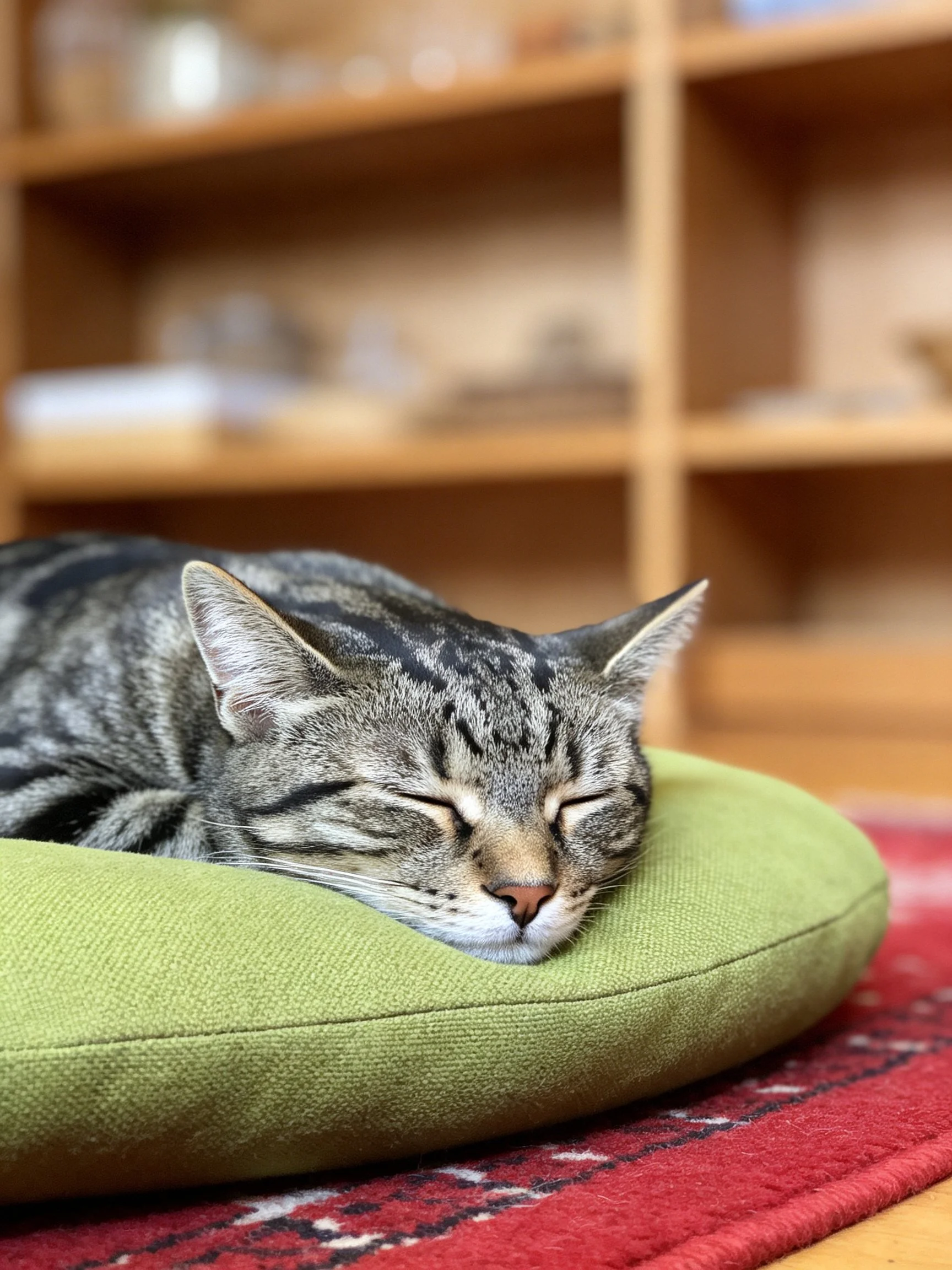A tabby cat sleeps peacefully on a green cushion near wooden shelves
