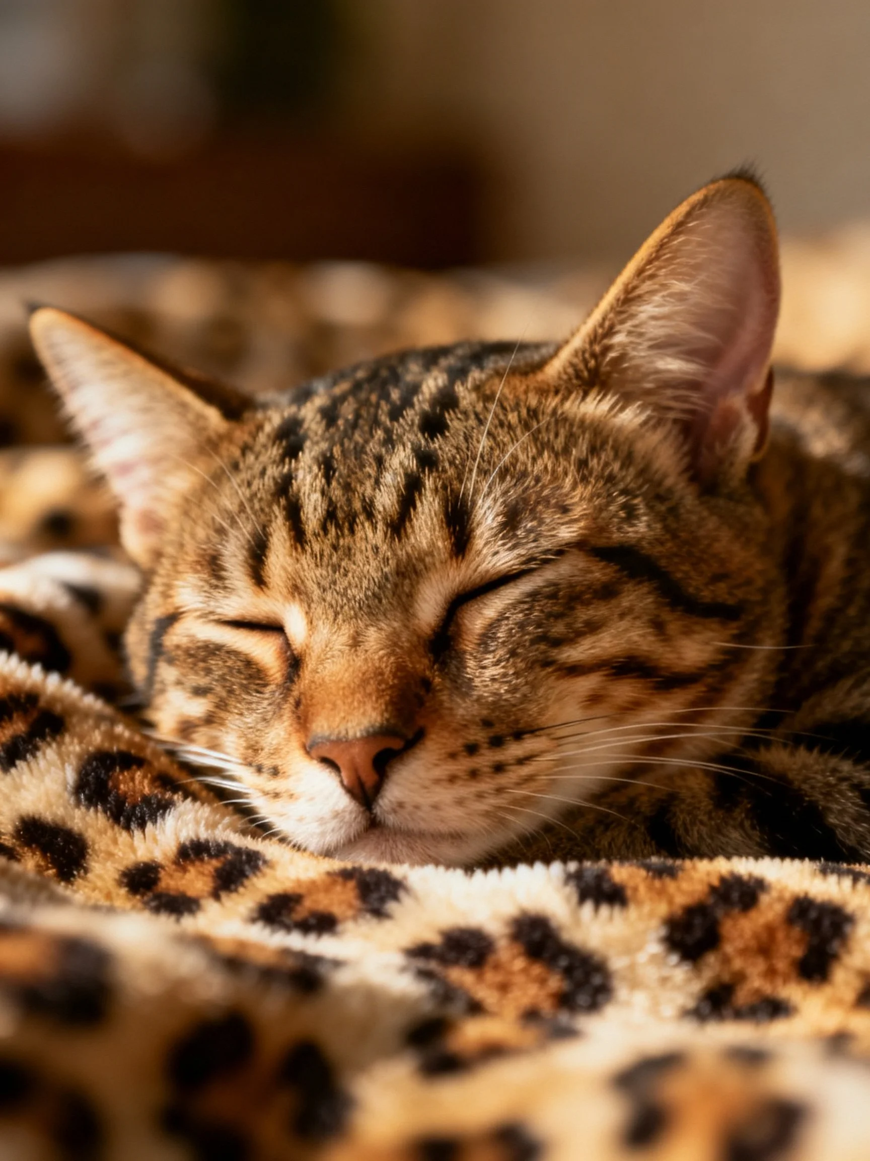 A tabby cat sleeps peacefully on a leopard - print blanket