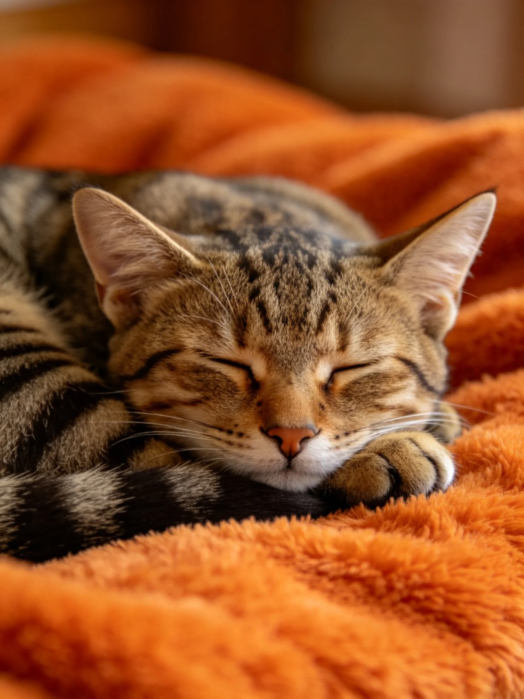 A tabby cat sleeps peacefully on a vibrant orange blanket