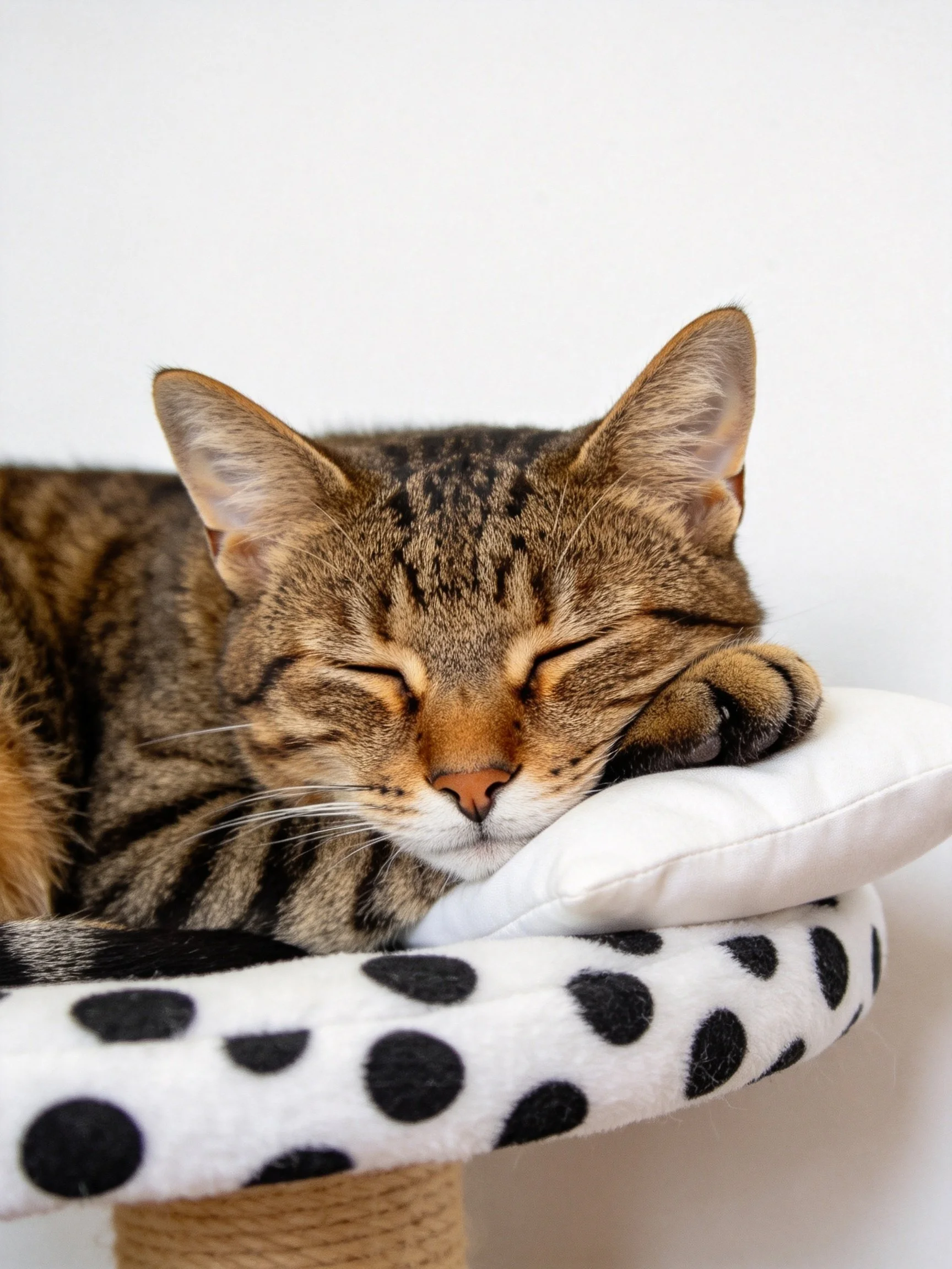 A tabby cat sleeps peacefully on a white pillow with black spots