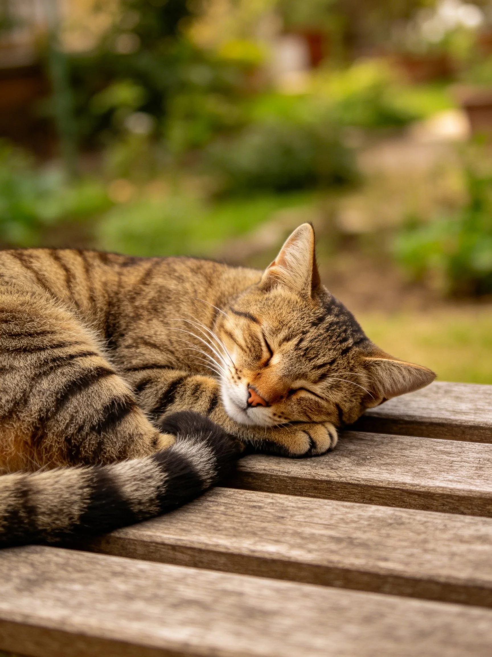 A tabby cat sleeps peacefully on a wooden bench in a garden