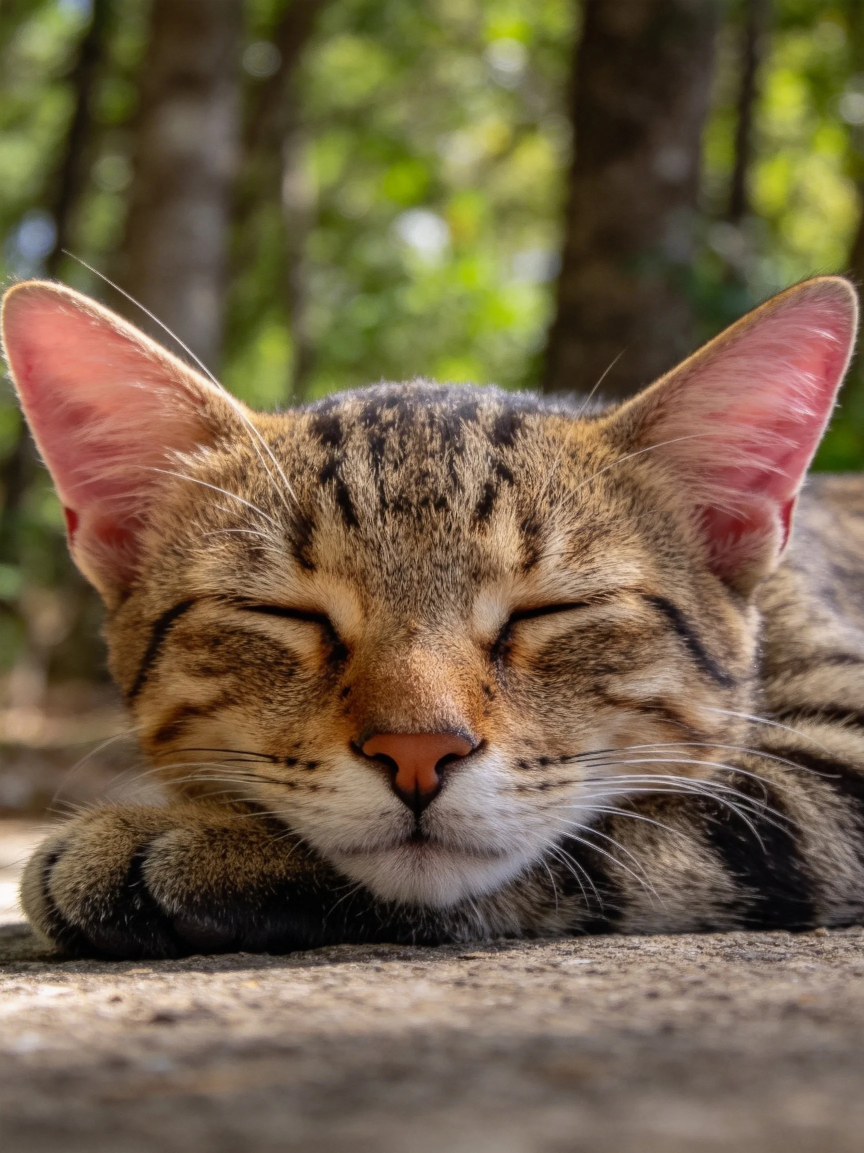 A tabby cat sleeps peacefully outdoors with trees in the background