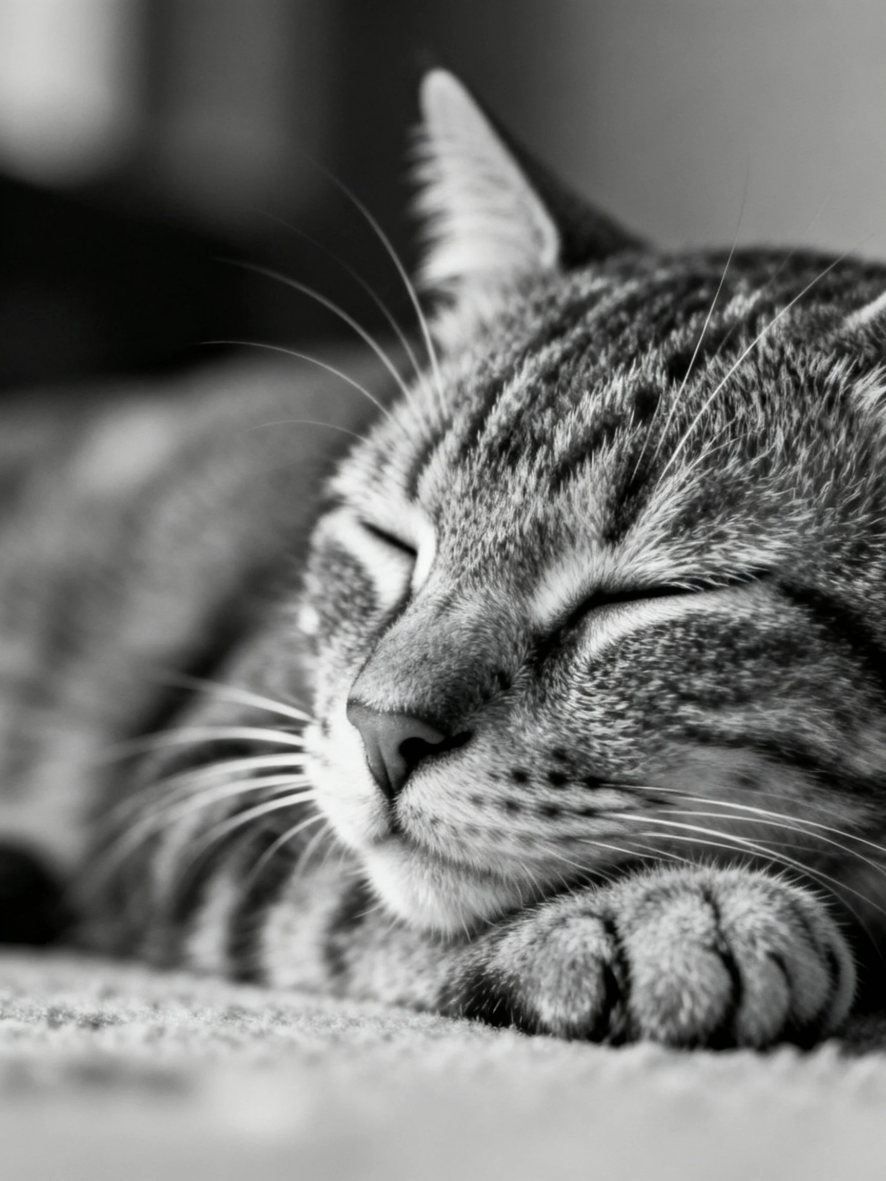 A tabby cat sleeps peacefully with closed eyes and striped fur