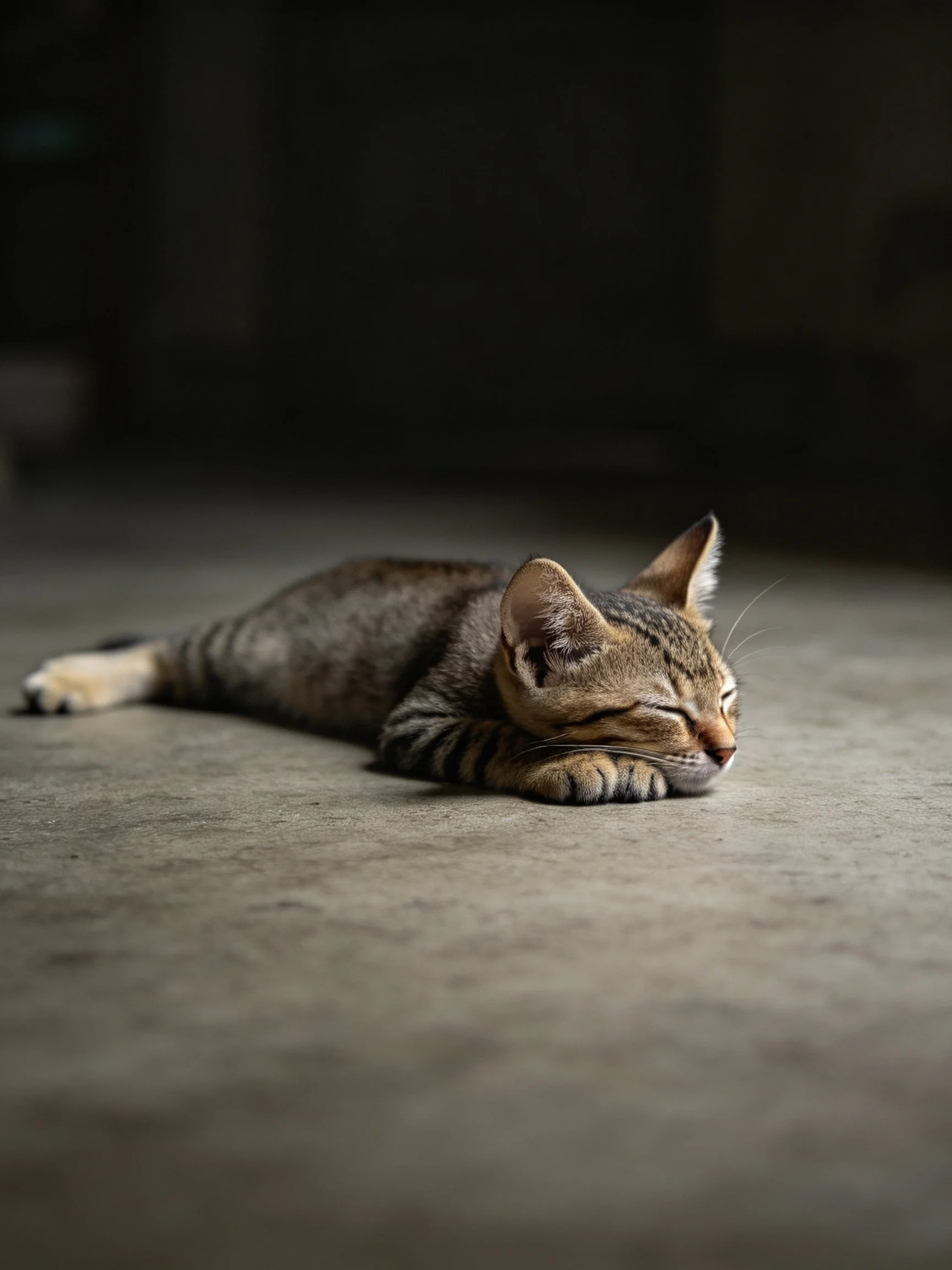 A tabby cat sleeps soundly on a smooth concrete floor