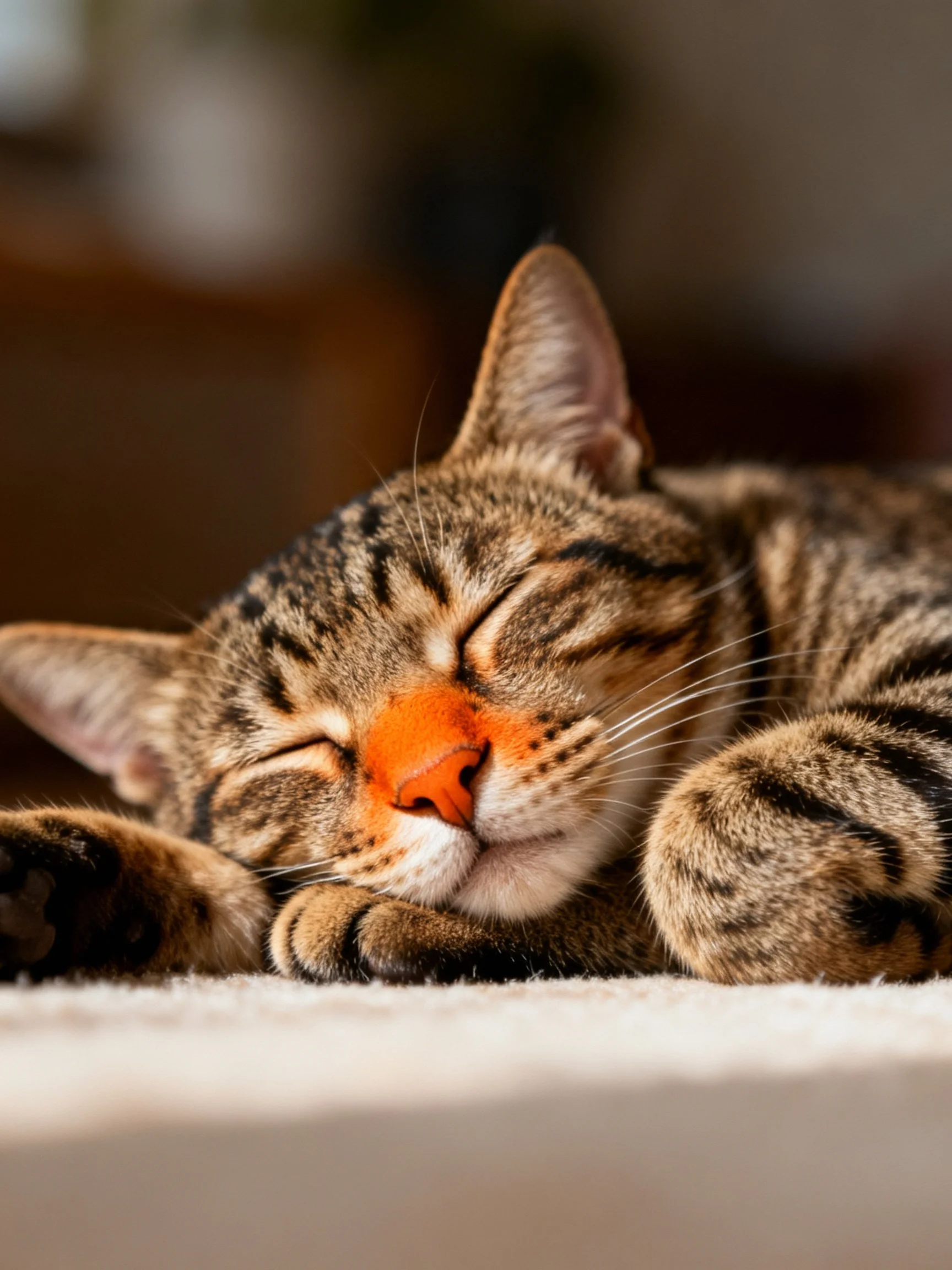 A tabby cat sleeps soundly with an orange nose on a soft surface