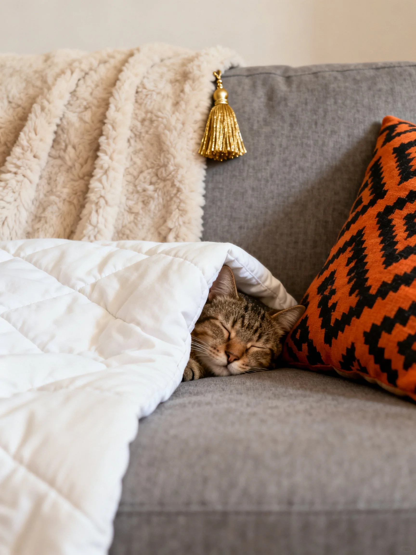 A tabby cat naps under a white quilt on a gray couch near an orange pillow