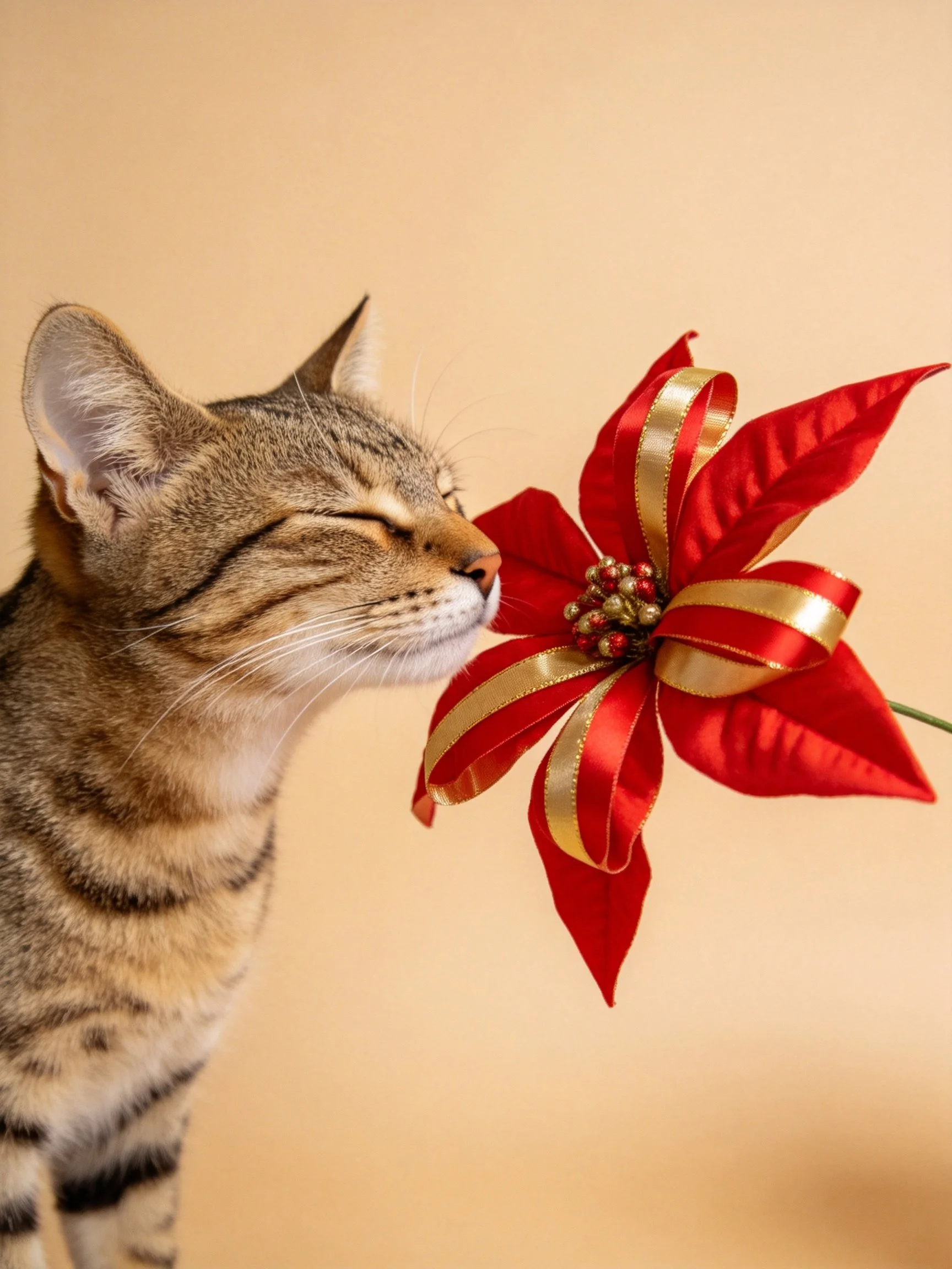 A tabby cat sniffs a red and gold decorative flower