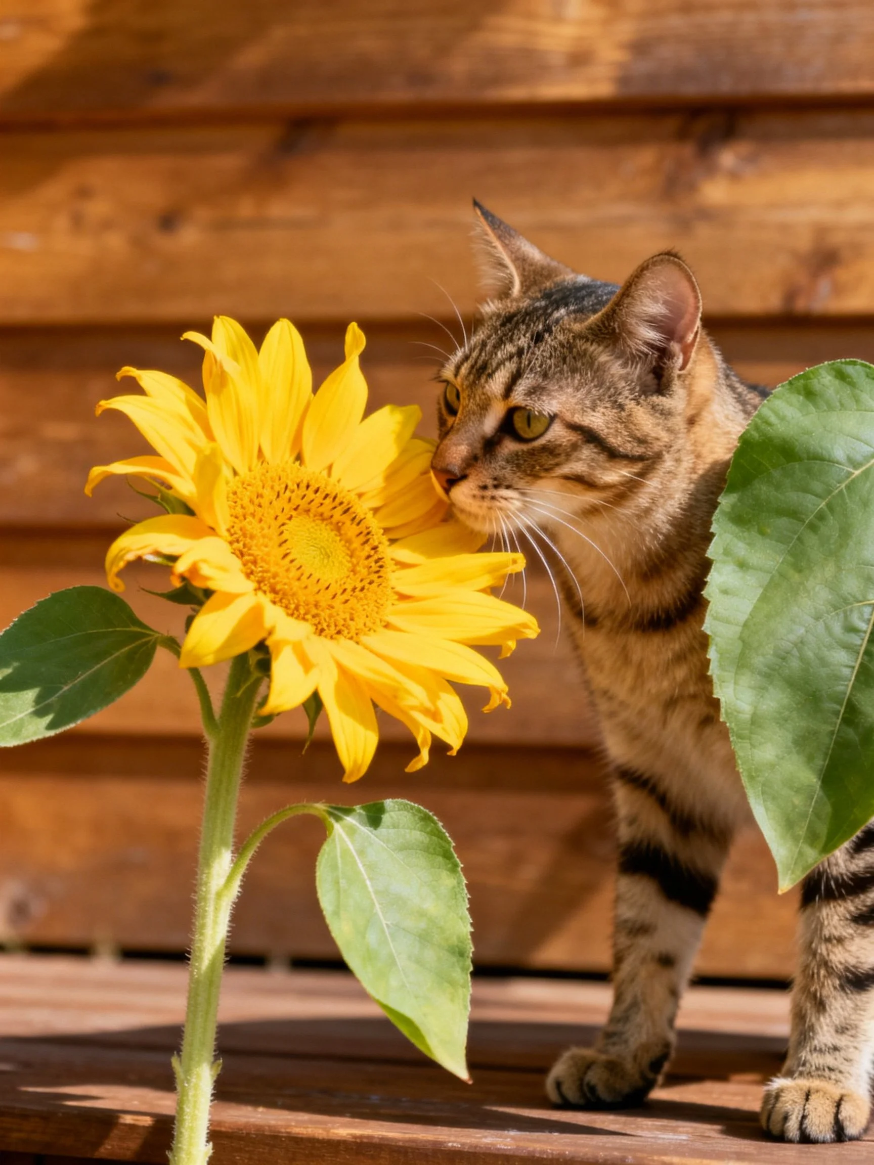 A tabby cat sniffs a vibrant yellow sunflower against a wooden backdrop