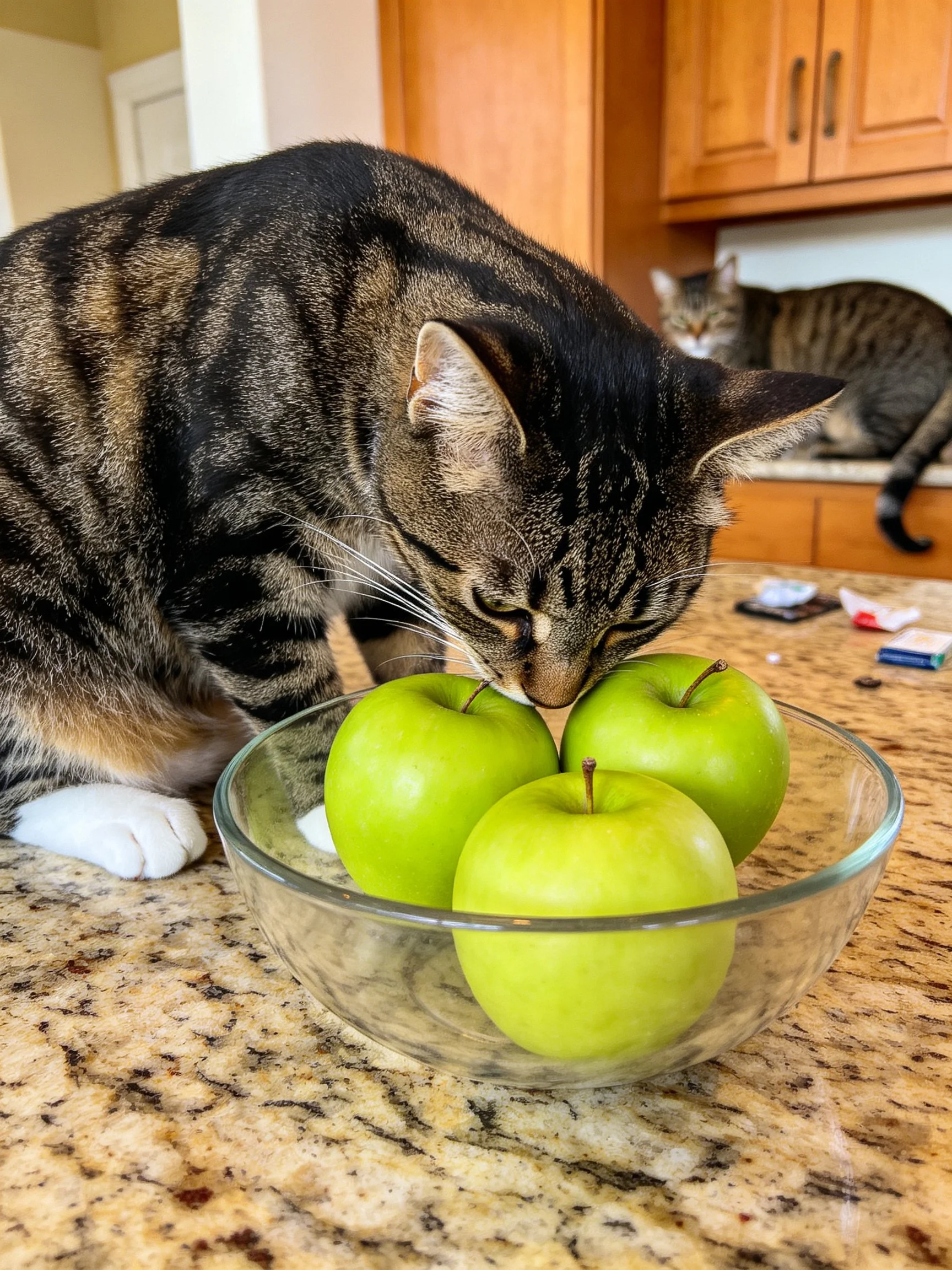 A tabby cat sniffs green apples near a second cat in a kitchen