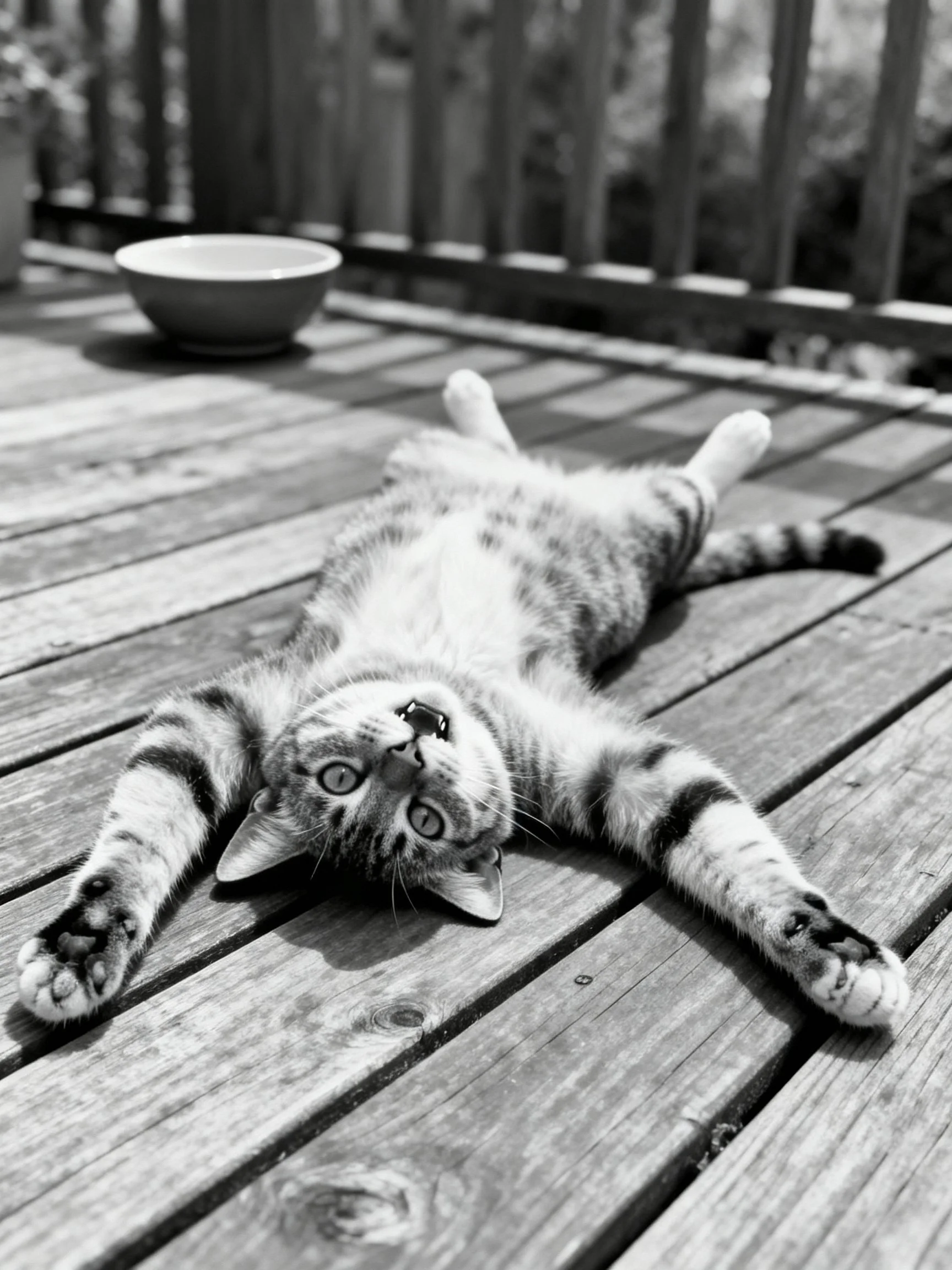 A tabby cat sprawls leisurely on a wooden deck near a bowl