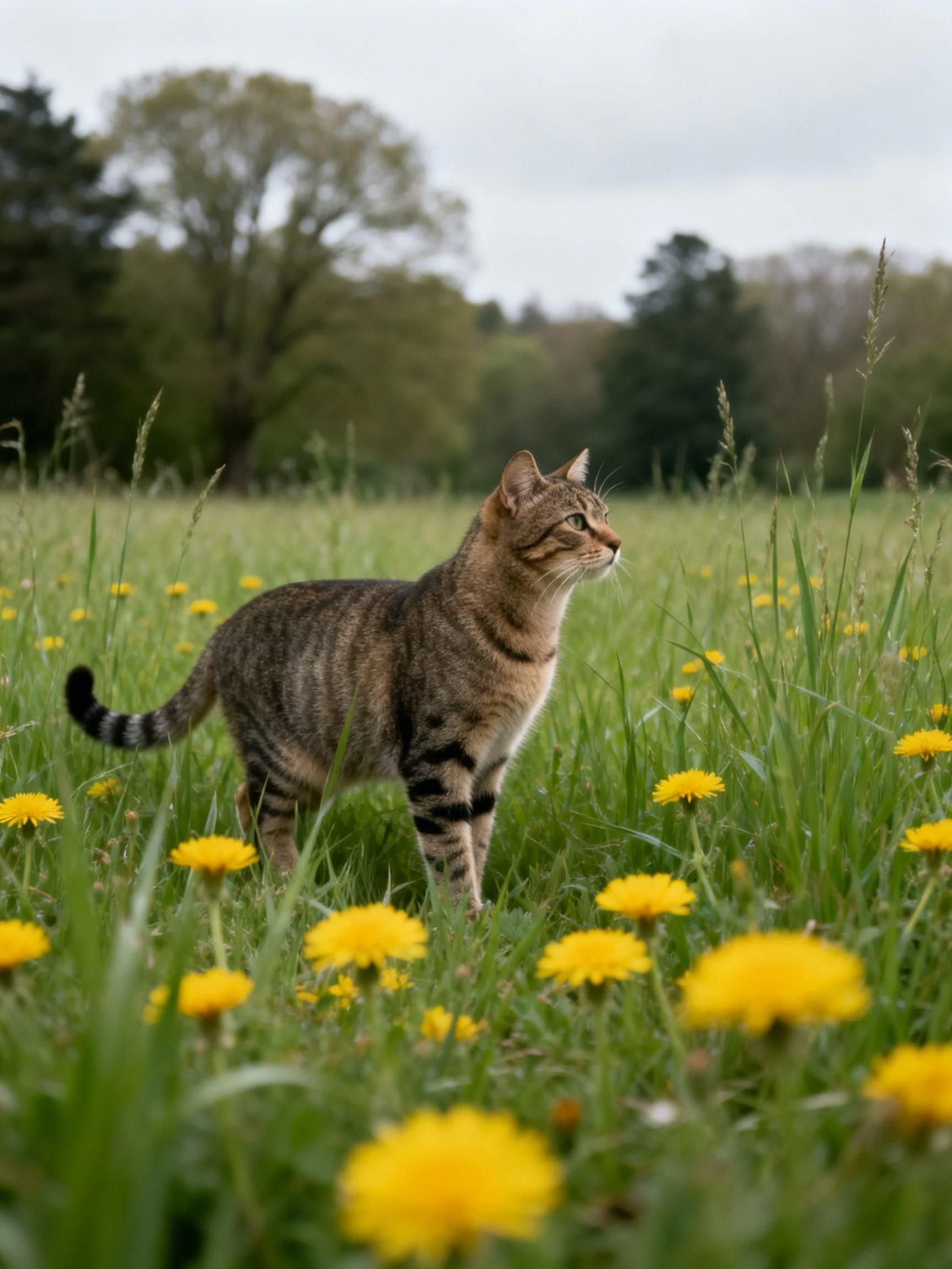 A tabby cat explores a meadow filled with yellow flowers