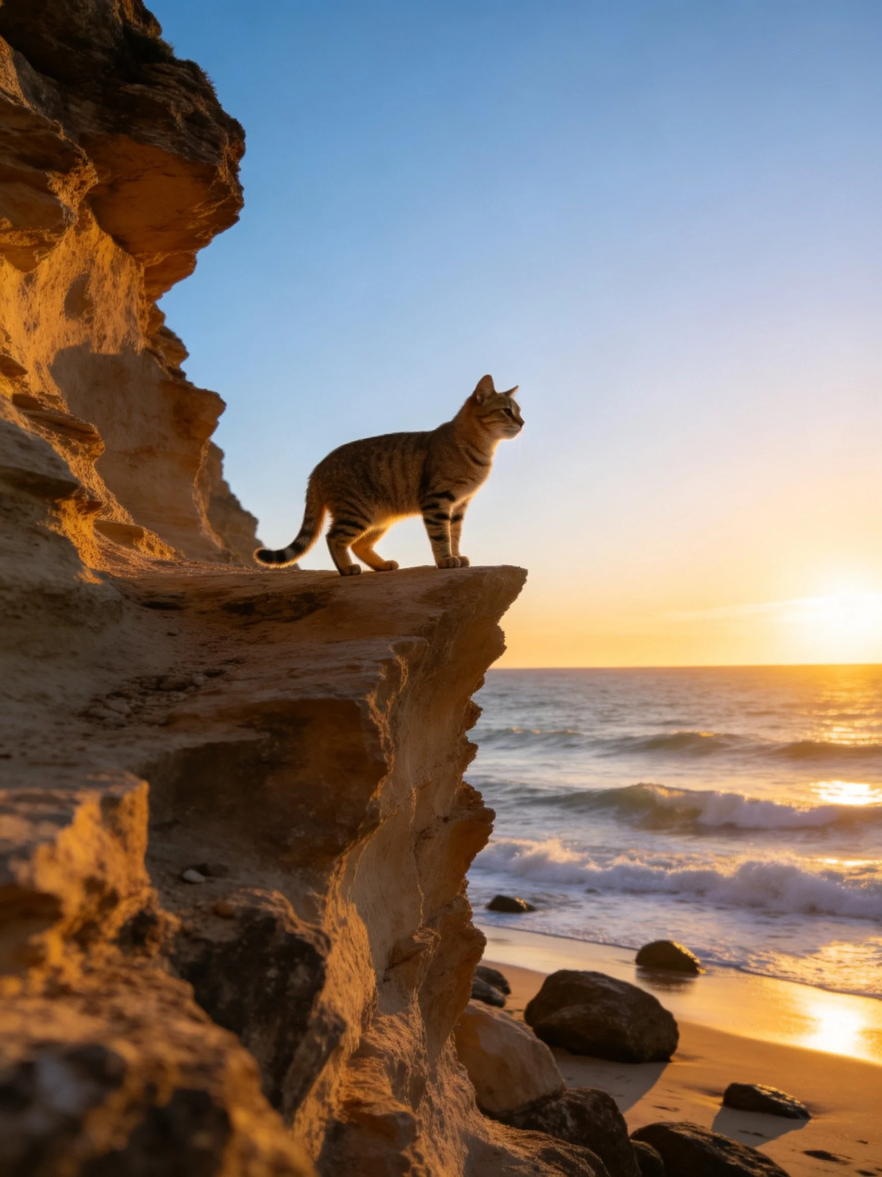 A tabby cat stands atop a sandy rocky cliff by the ocean at sunset
