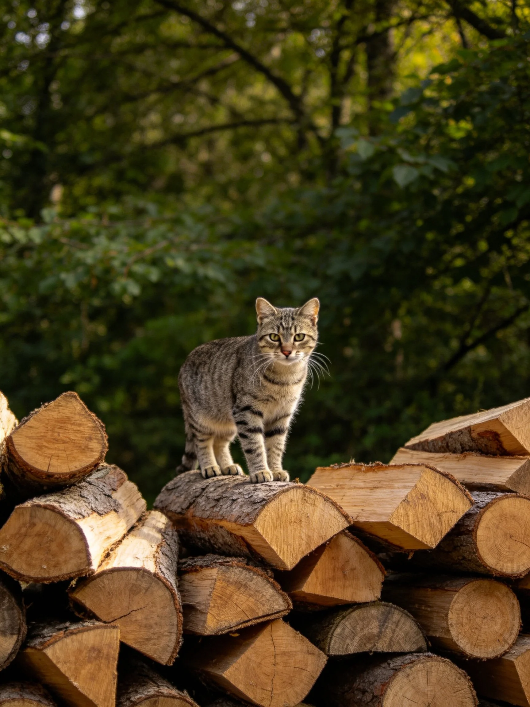 A tabby cat stands atop stacked firewood near dense green foliage