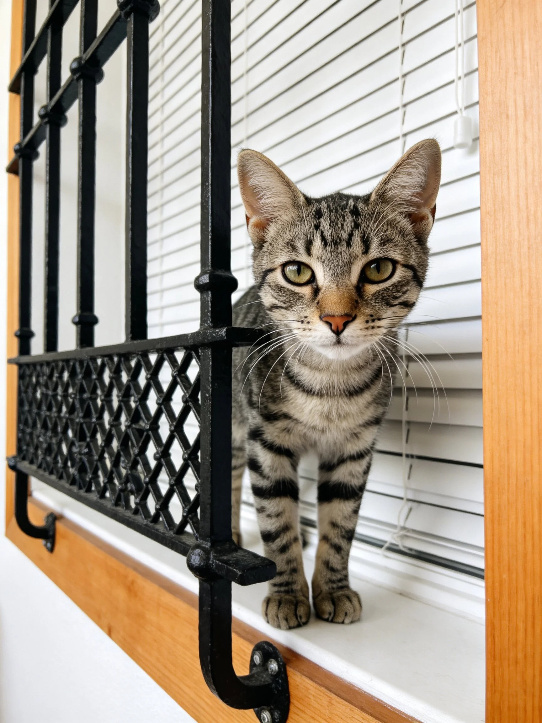 A tabby cat stands behind black metal railing near white blinds