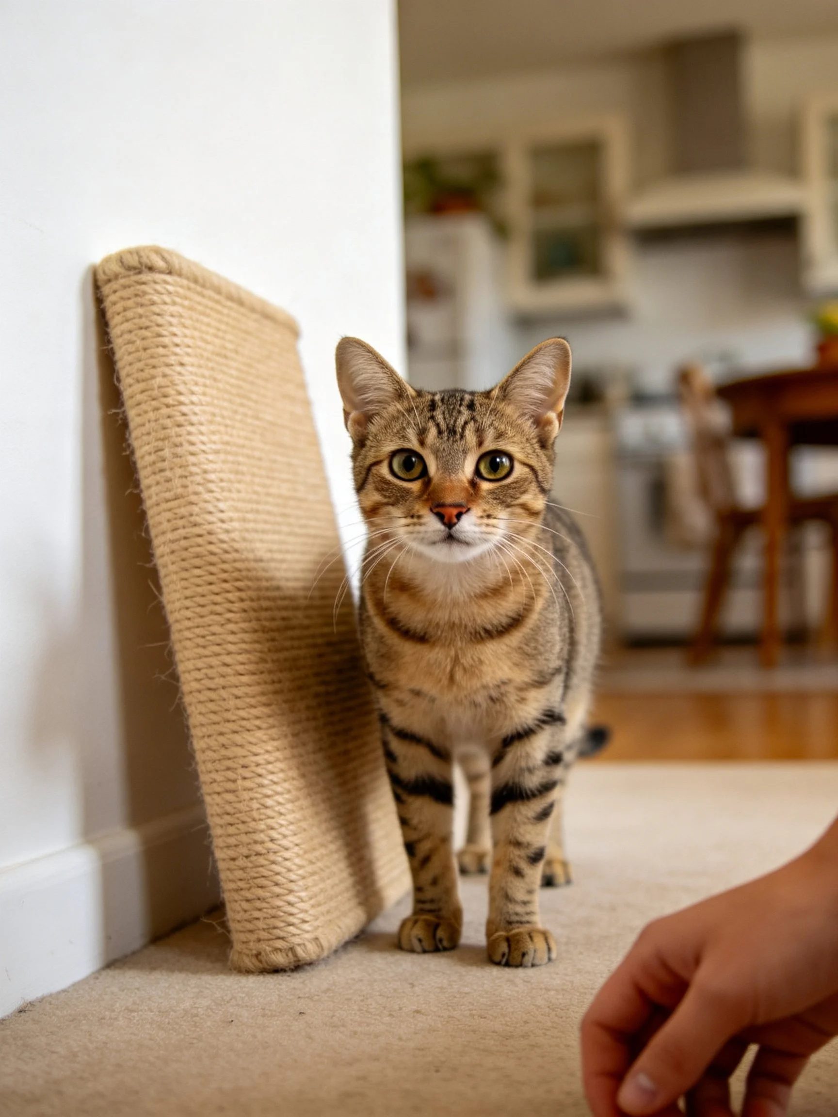 A tabby cat stands beside a beige scratching post in a cozy home