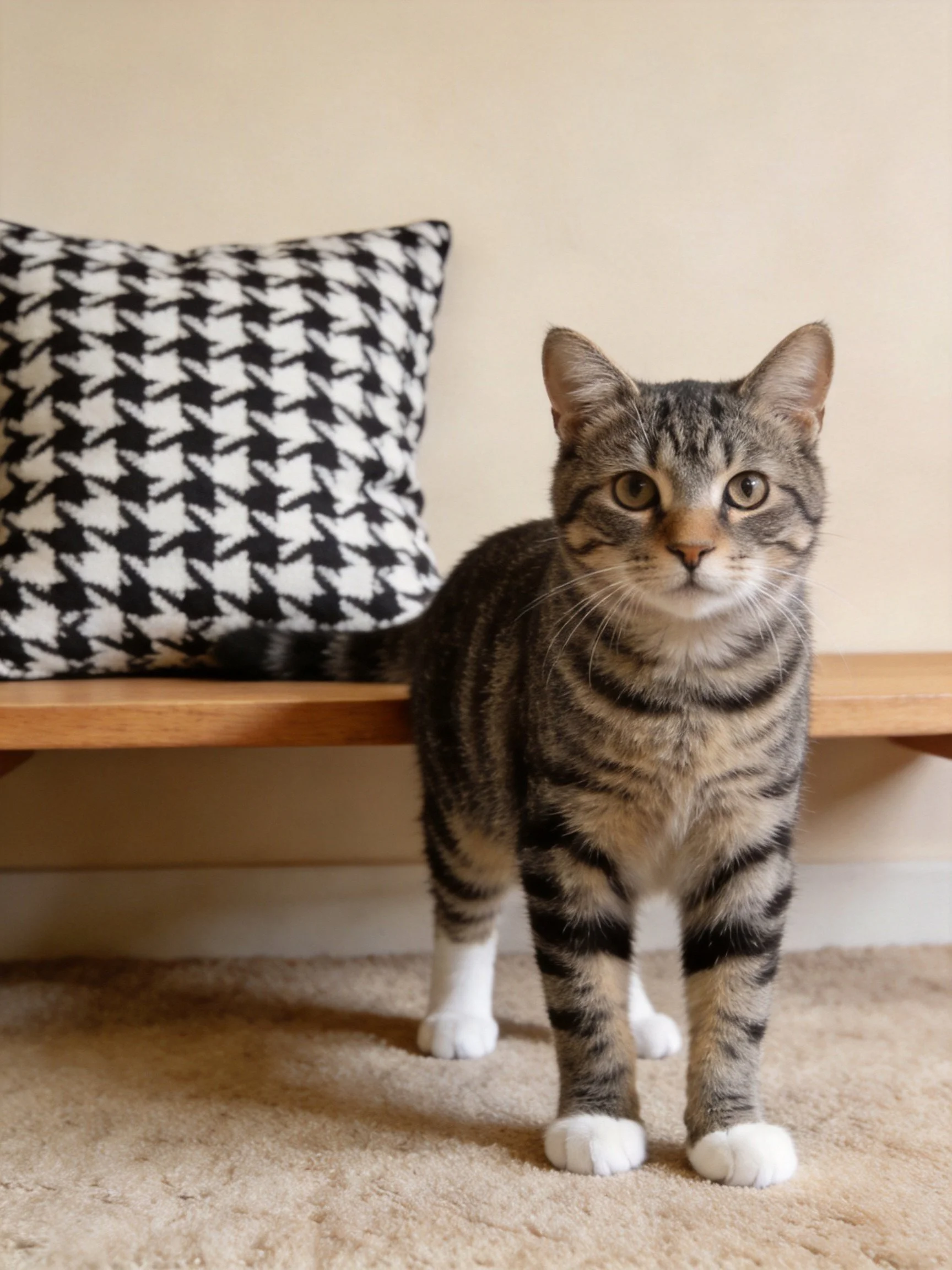A tabby cat stands by a wooden bench with a houndstooth pillow