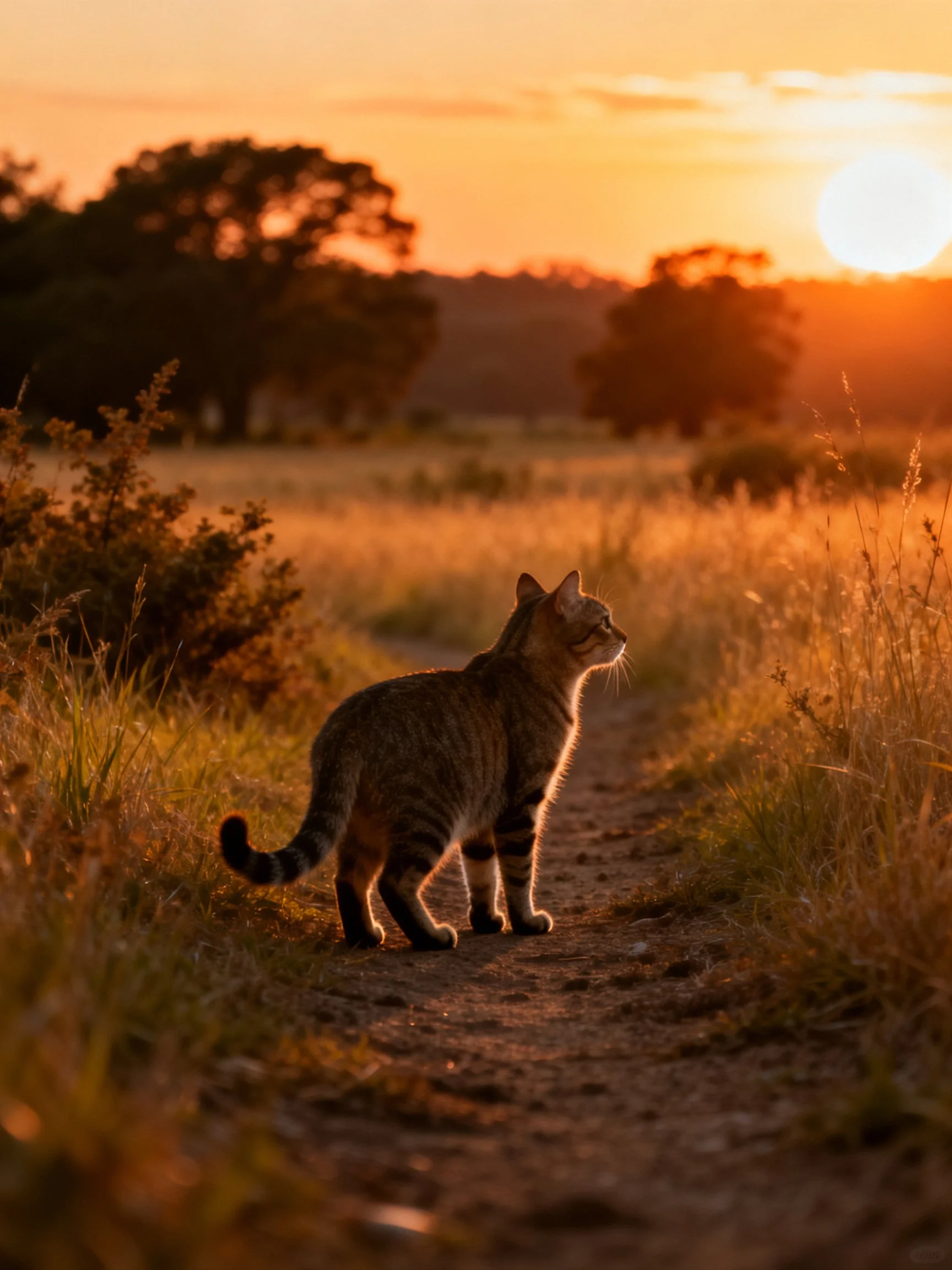 A tabby cat stands on a dirt path as the sun sets over golden fields.