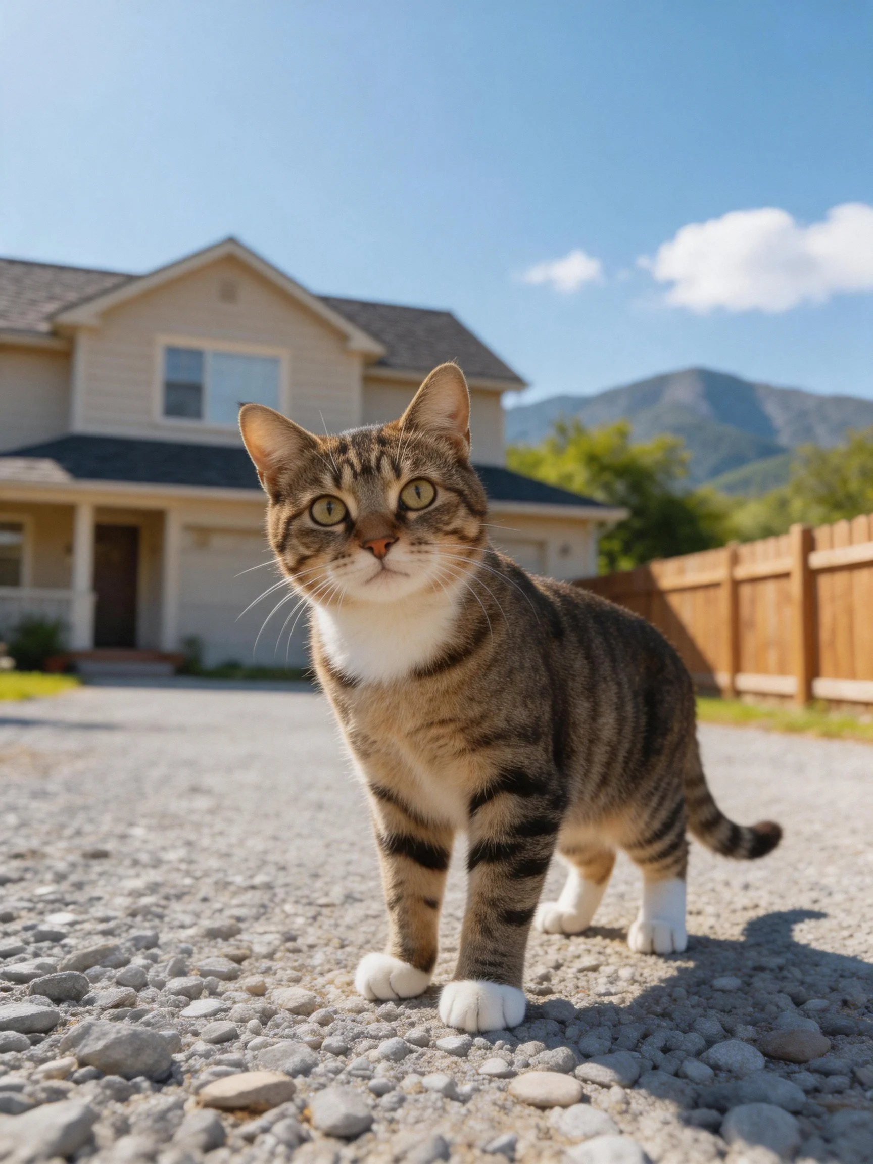 A tabby cat stands on a gravel driveway near a beige house
