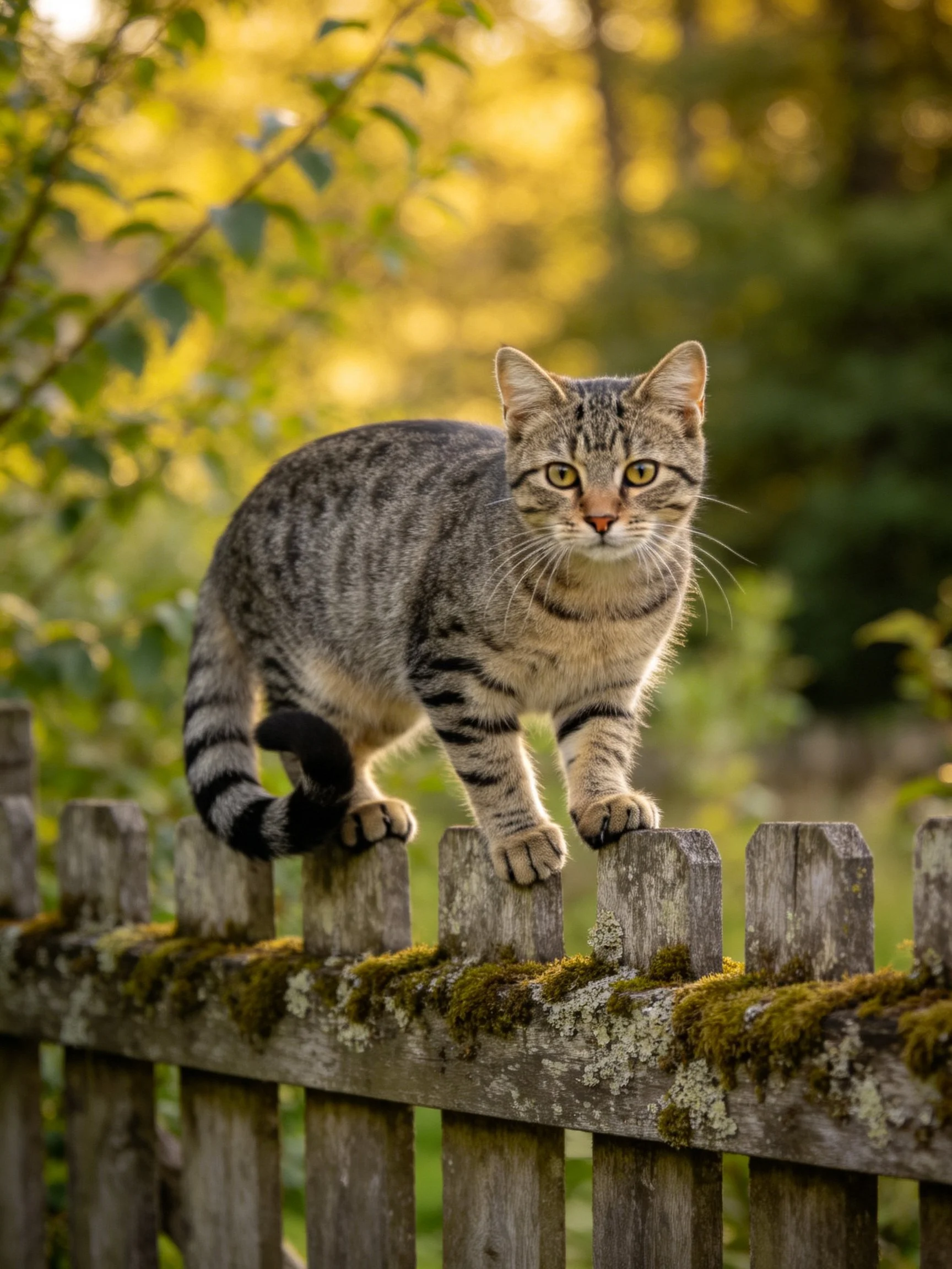 A tabby cat stands on a moss-covered wooden fence in golden sunlight