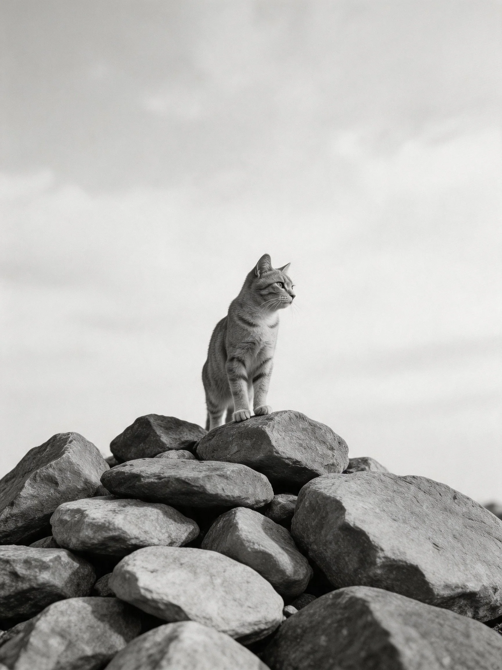 A cat stands atop a pile of stones in a grayscale outdoor scene