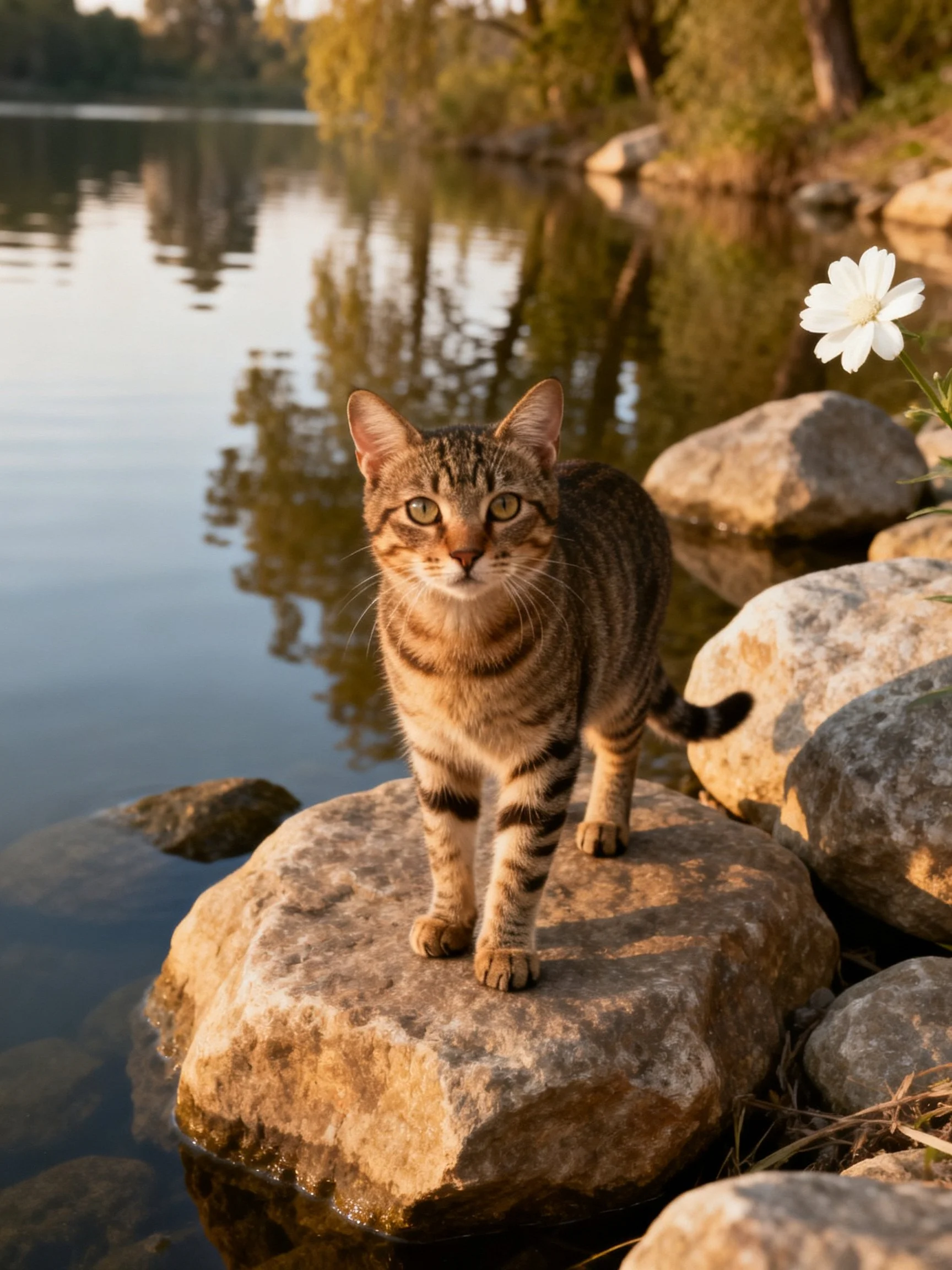 A tabby cat stands on rocks near a peaceful lakeside environment.
