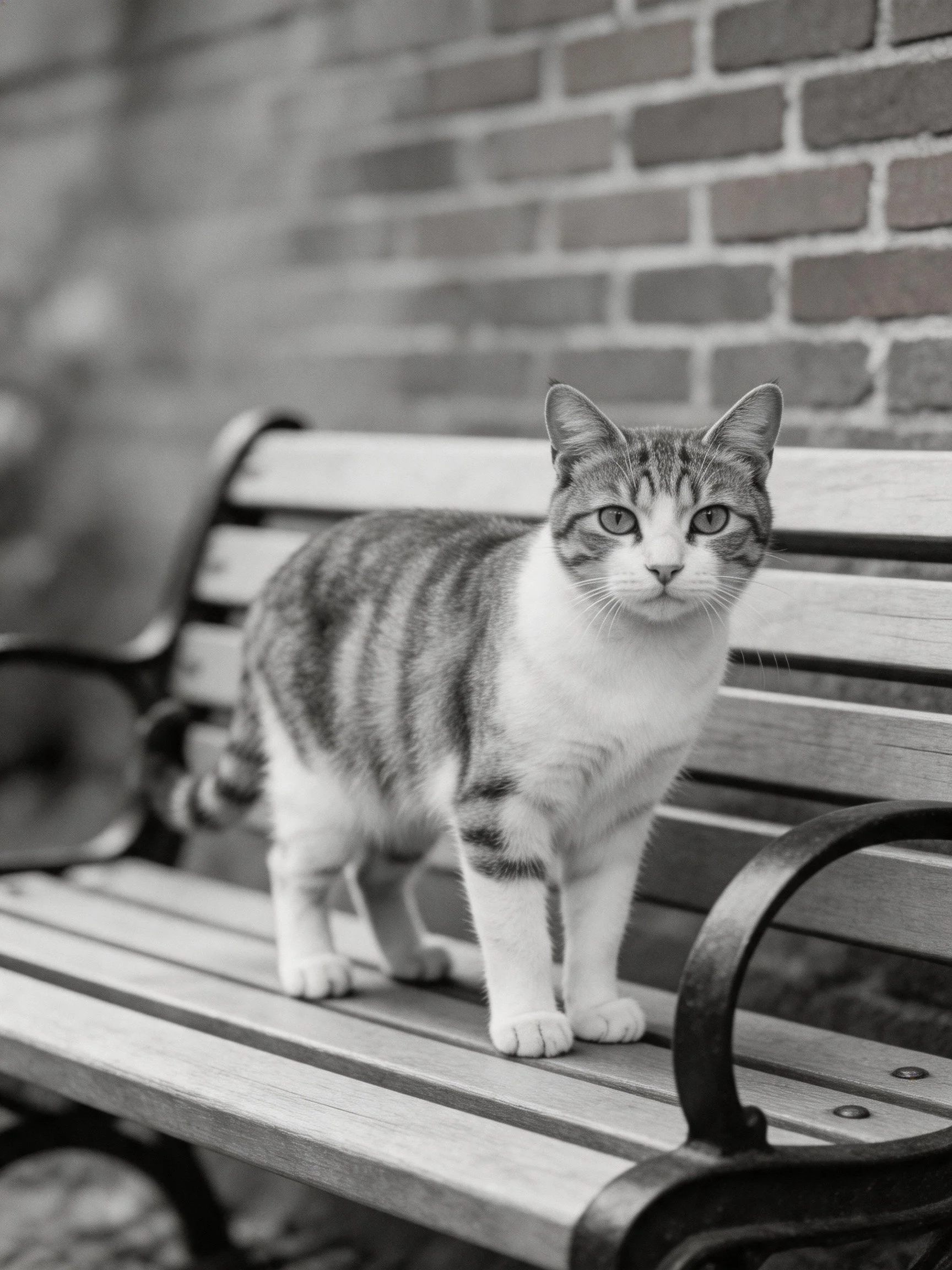 A tabby cat stands on a wooden bench near a brick wall