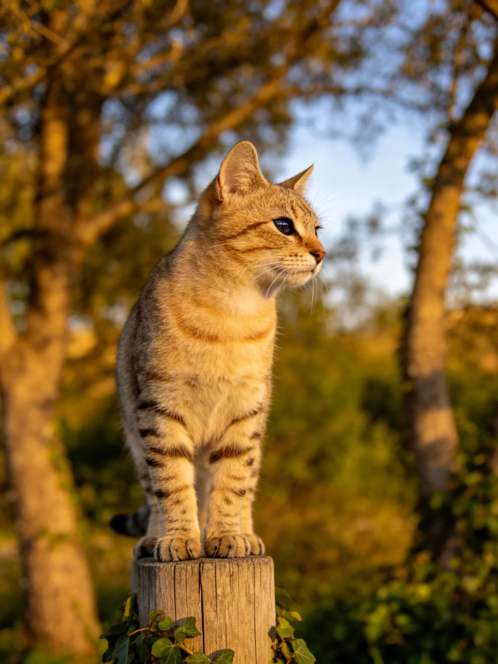 A tabby cat stands on a wooden post among golden trees