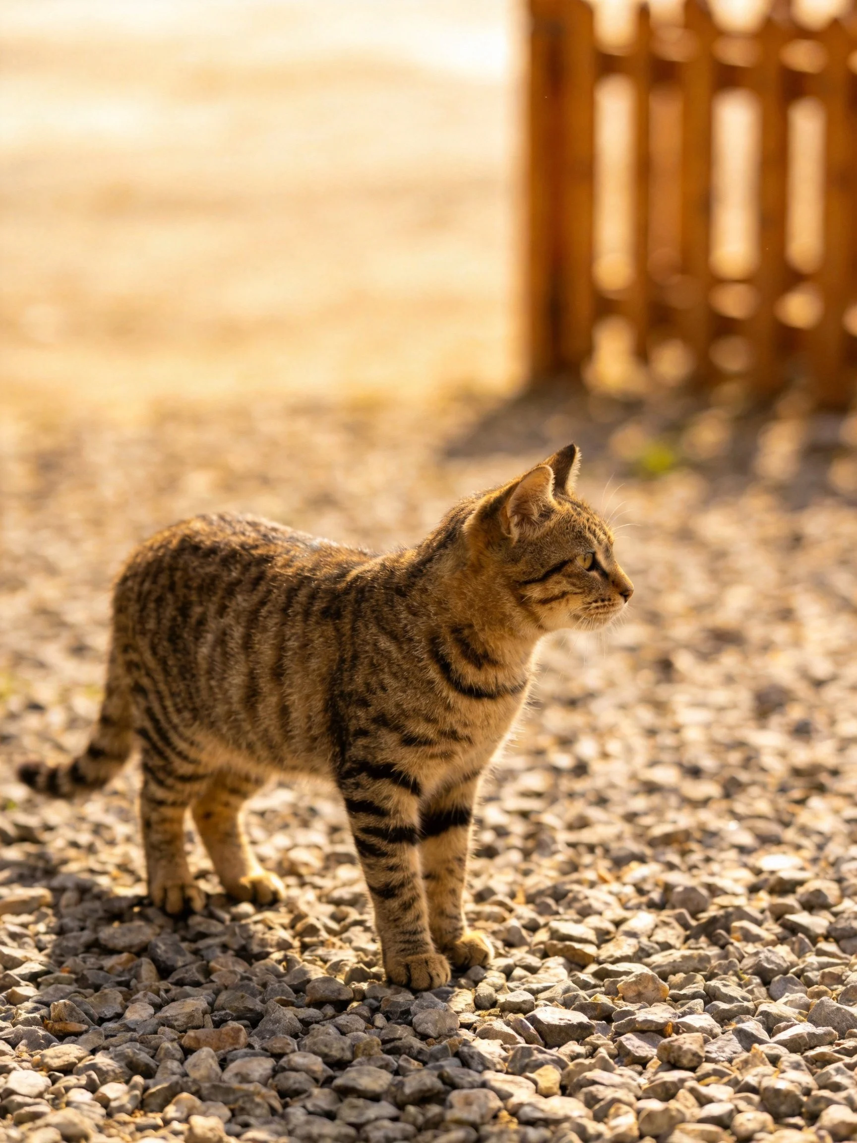 A tabby cat stands on gravel near a wooden fence under warm sunlight