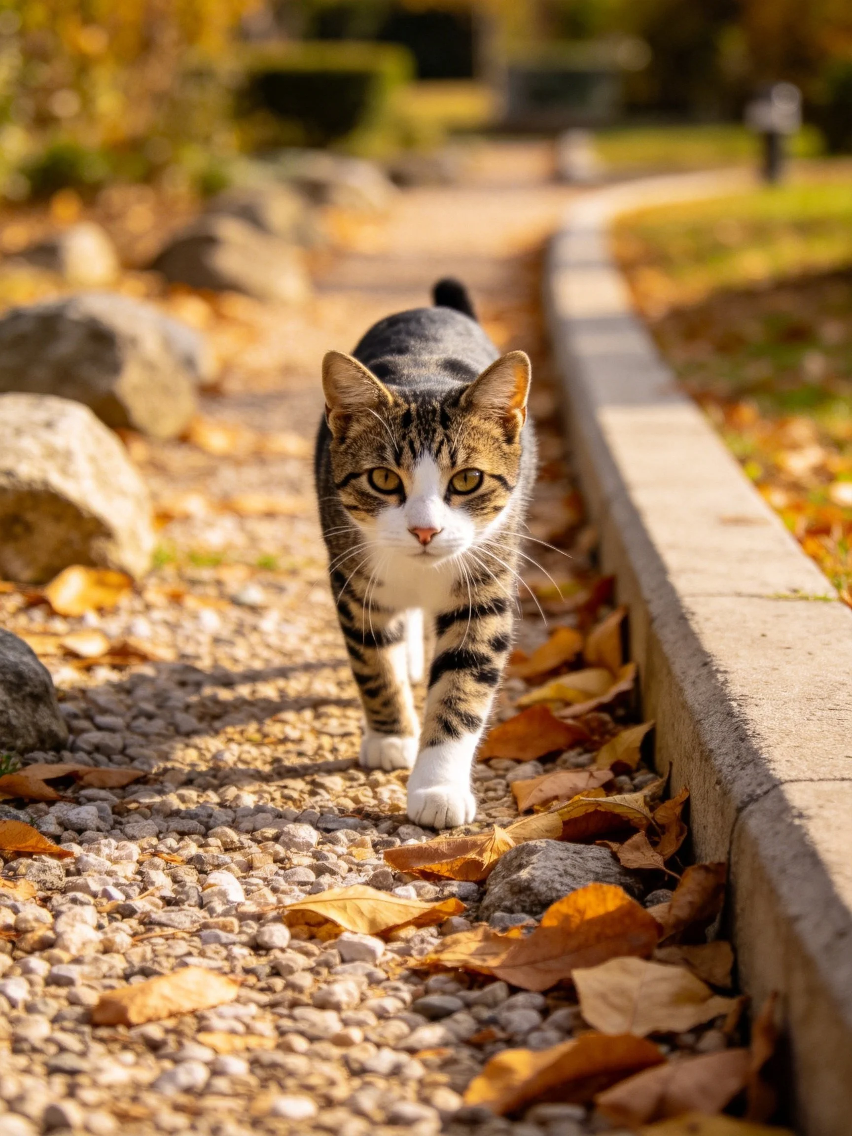 A tabby cat strolls on a gravel path lined with autumn leaves and rocks.