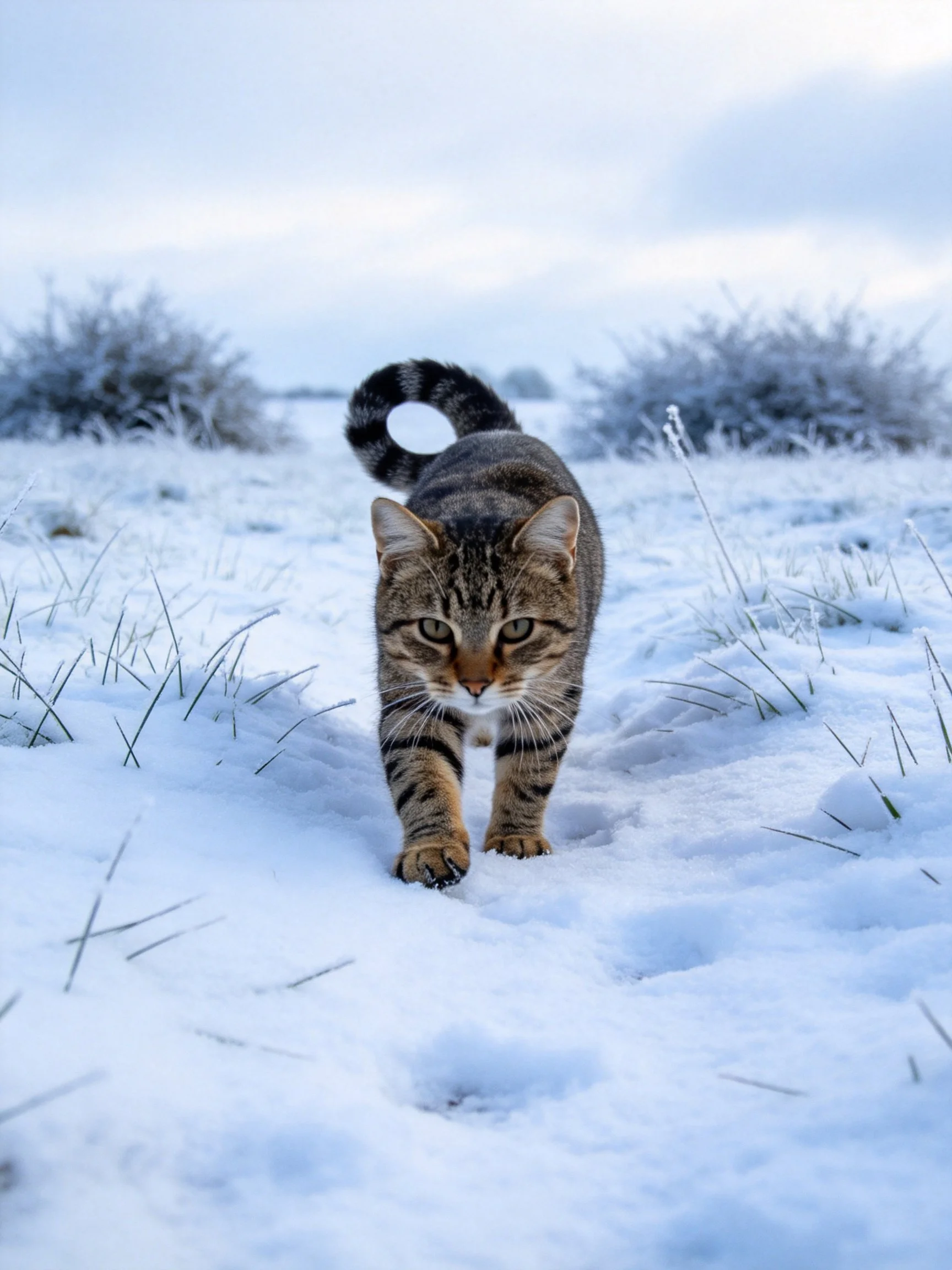 A tabby cat traverses a snow - filled field with frosty bushes