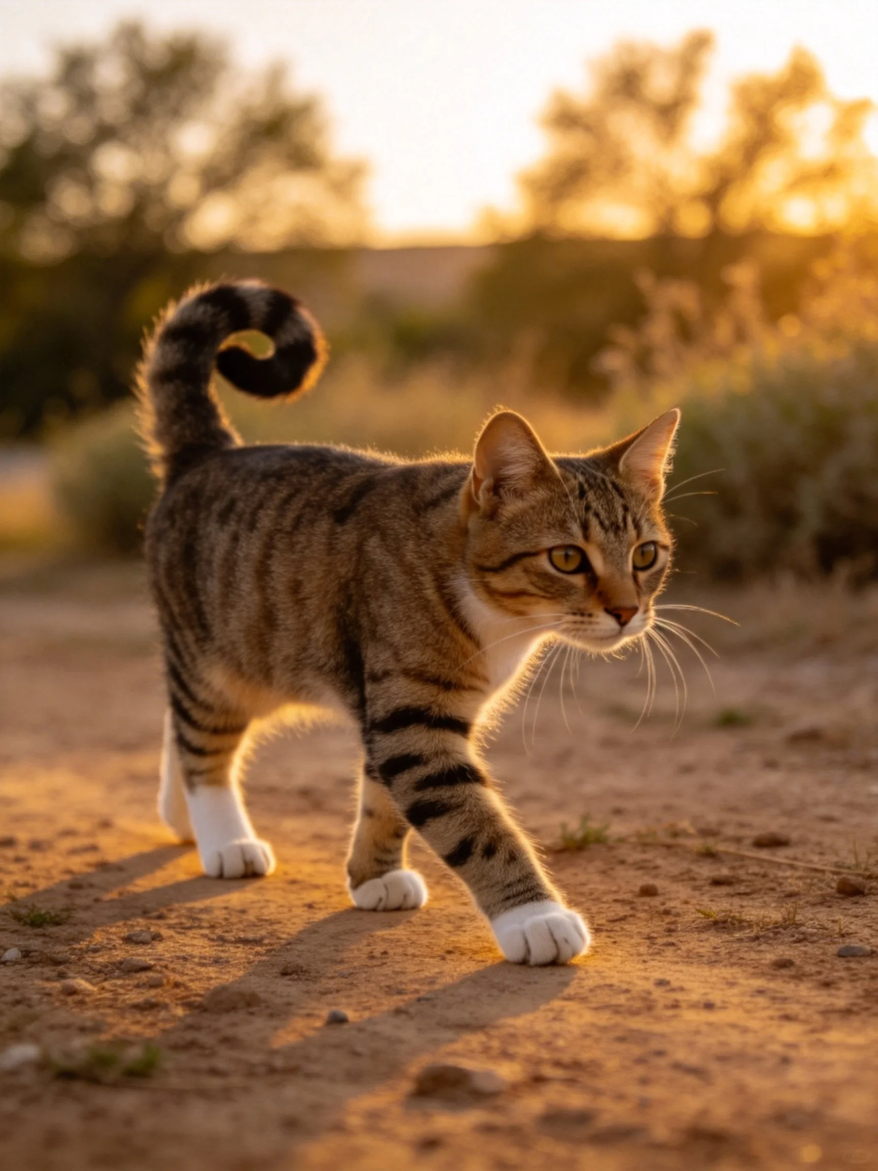 A tabby cat walking on a dusty path during golden hour