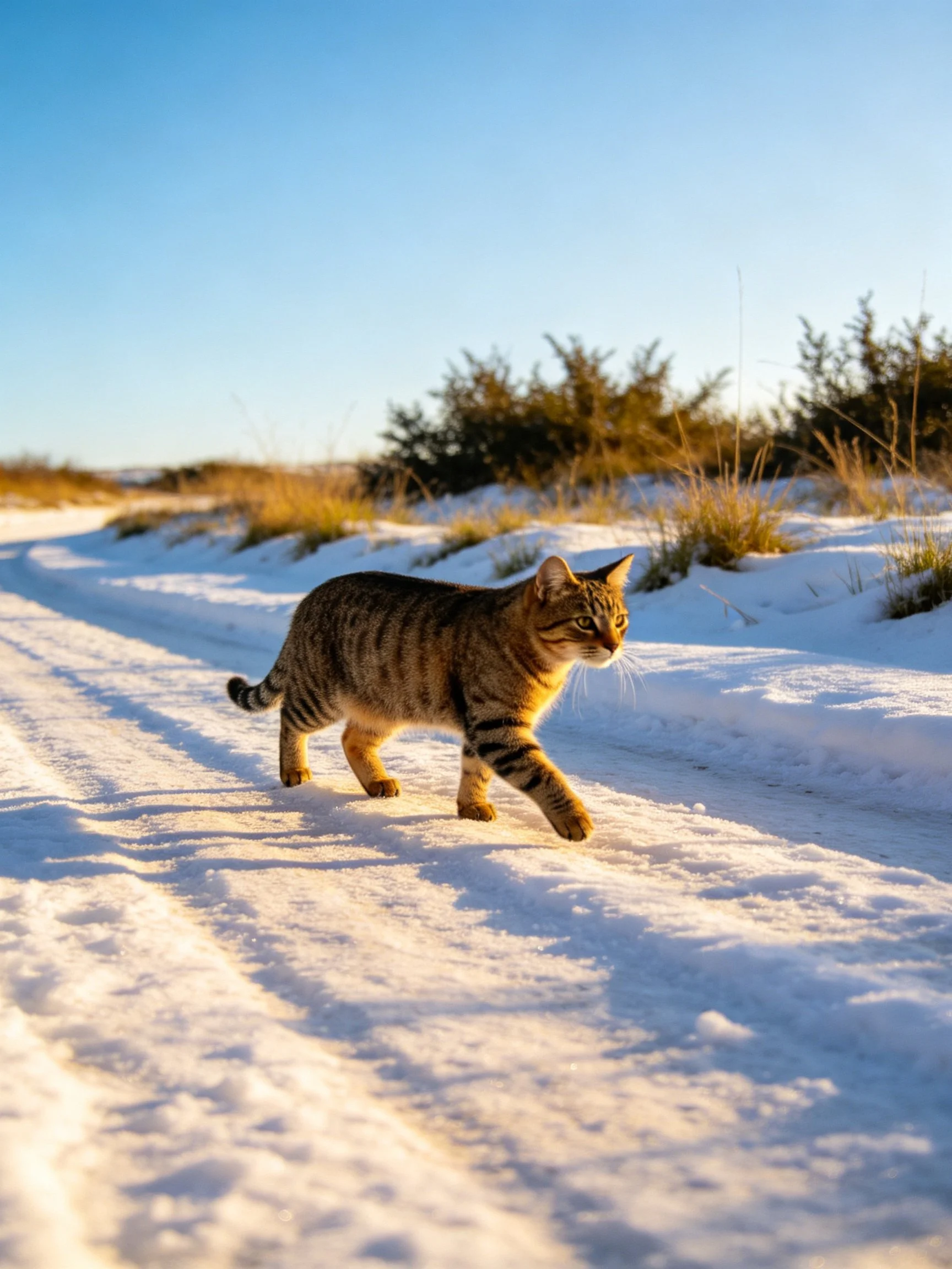 A tabby cat walking on a snowy path under golden sunlight