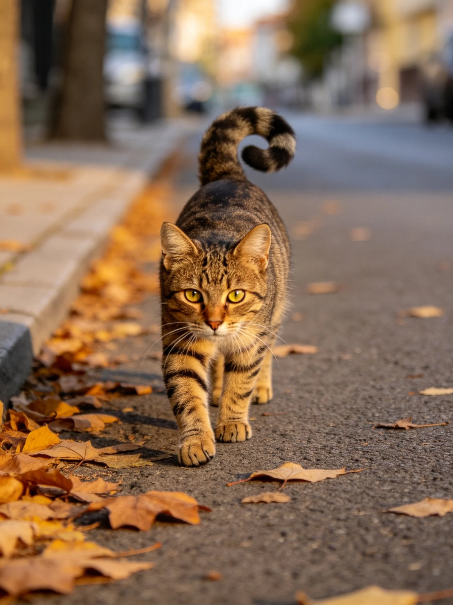 A tabby cat walking on an autumn leaf - strewn street