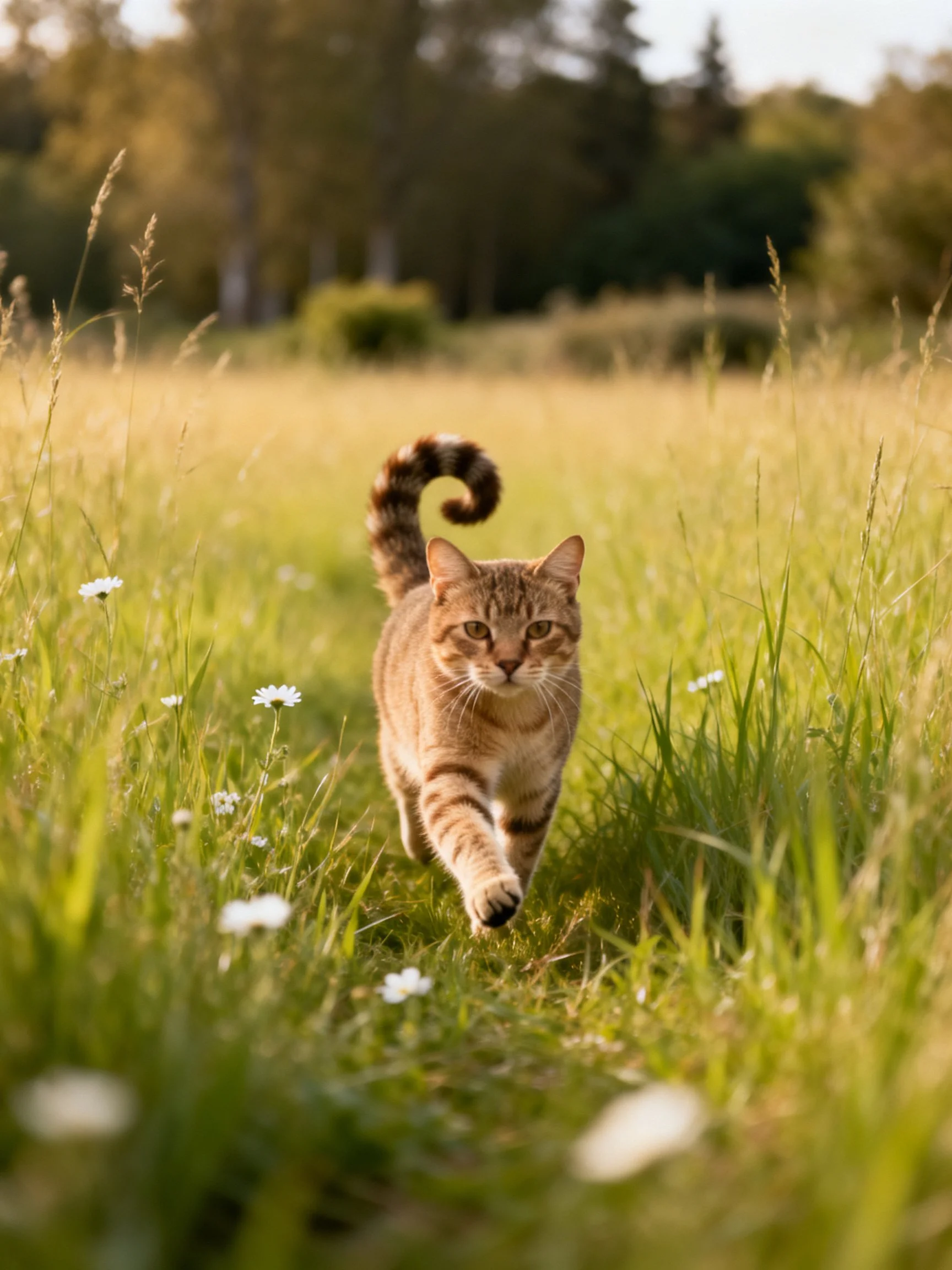 A tabby cat walking through a sunlit grassy field