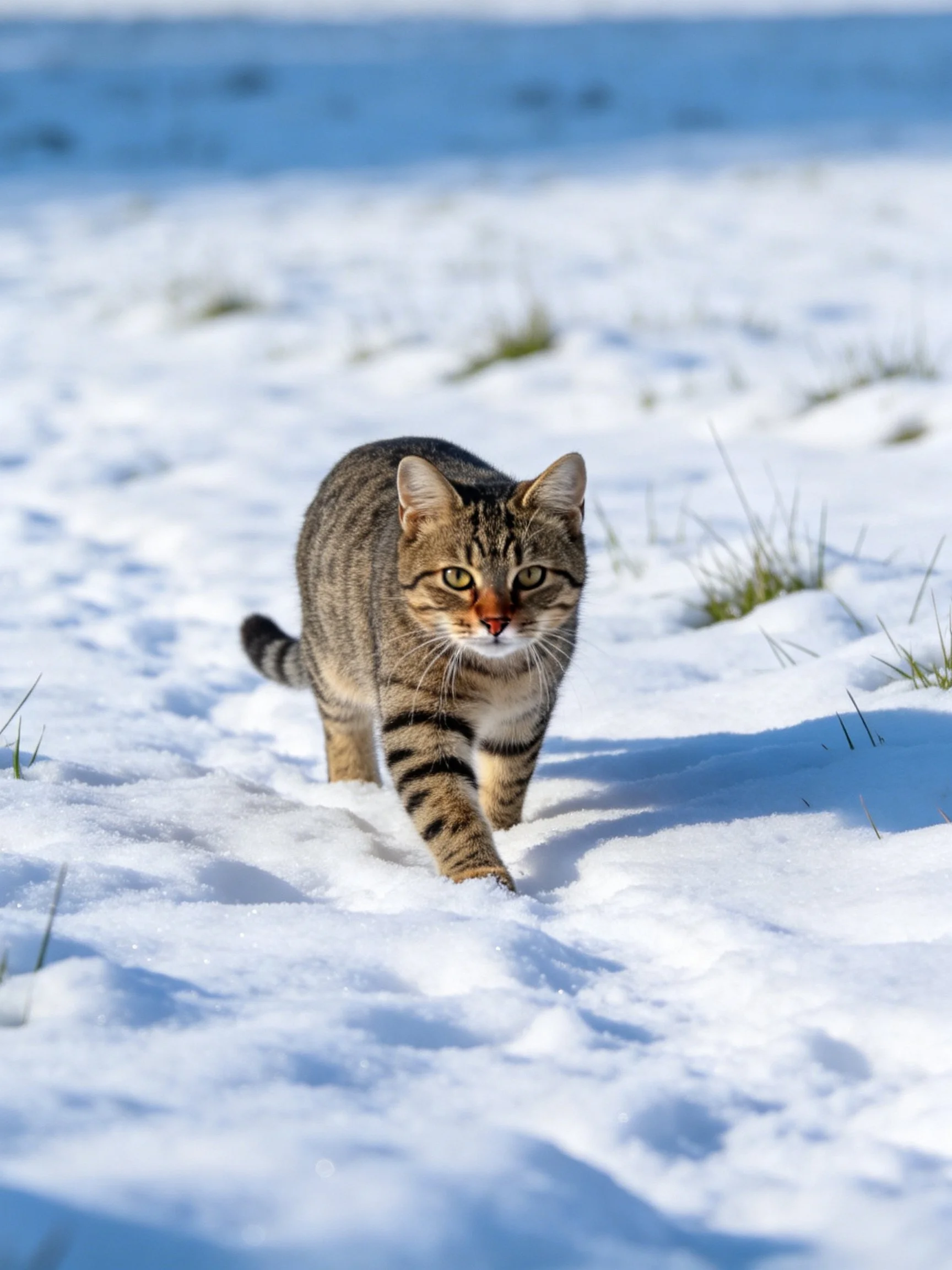 A tabby cat walking through bright white snow with green grass patches