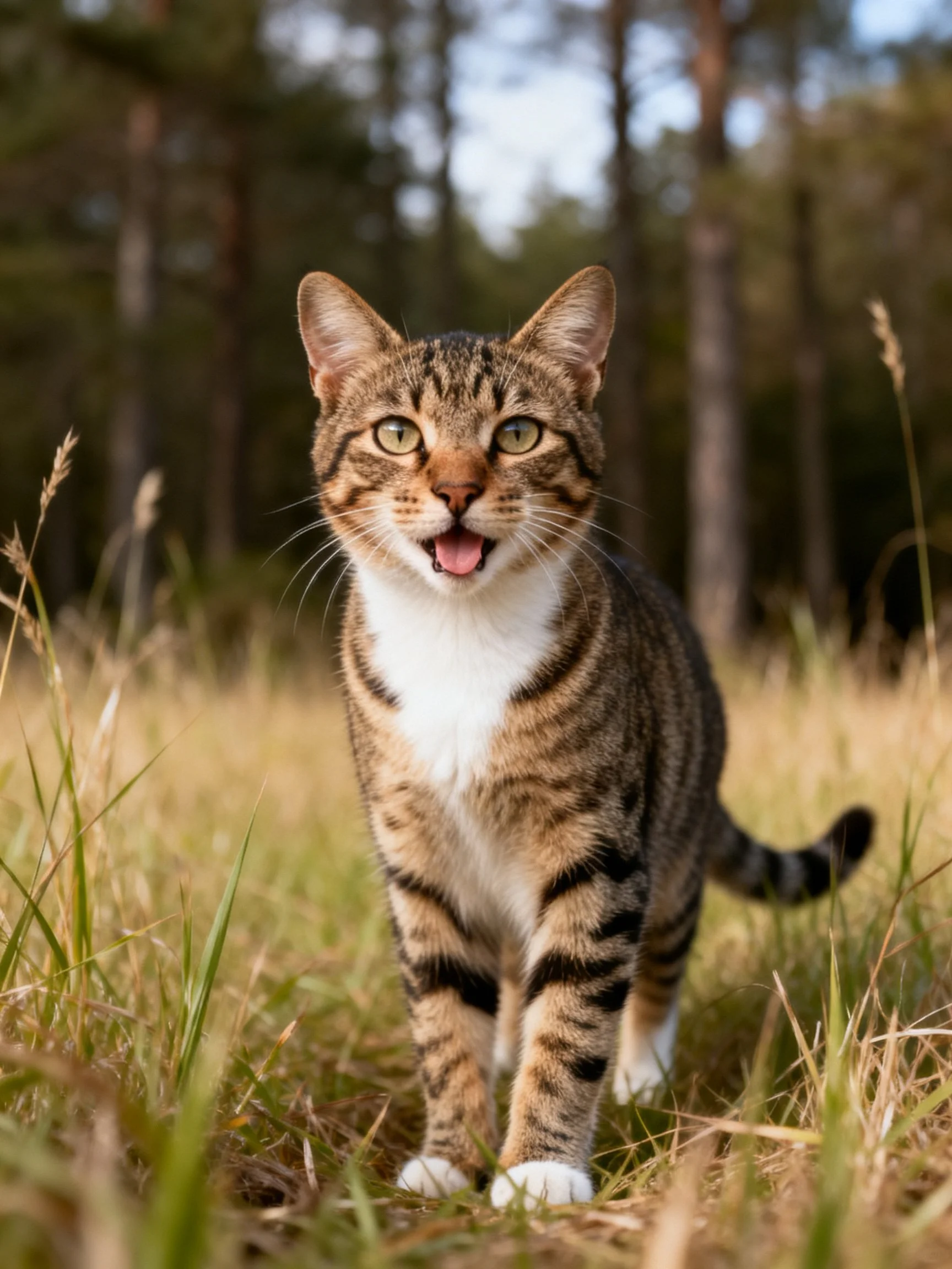 A tabby cat walking through tall grass near a forest