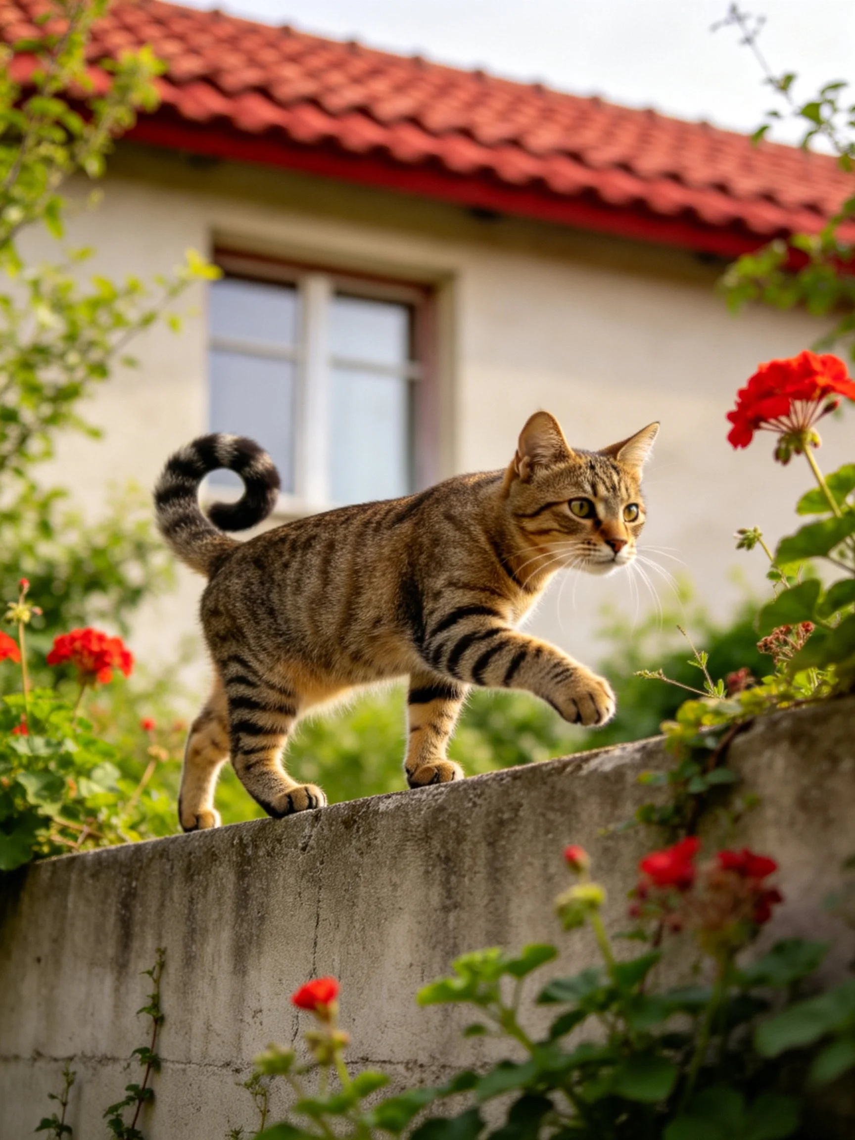A tabby cat walks along a concrete wall near red flowers and a house